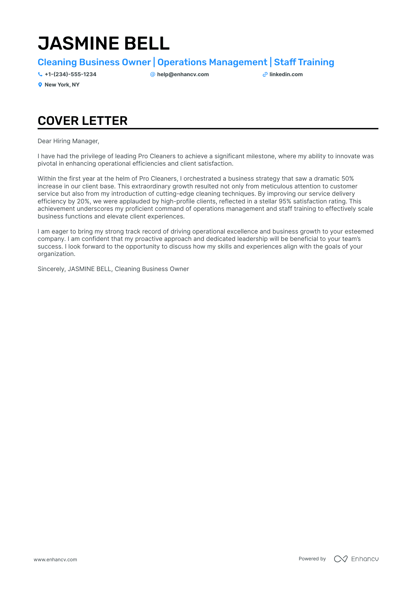 Cleaning Business Owner cover letter