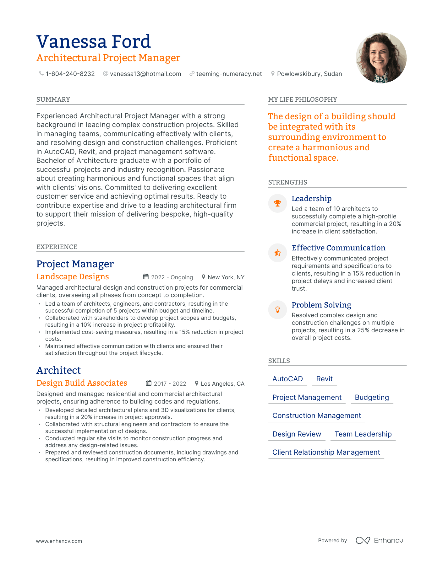 Architectural Project Manager resume example