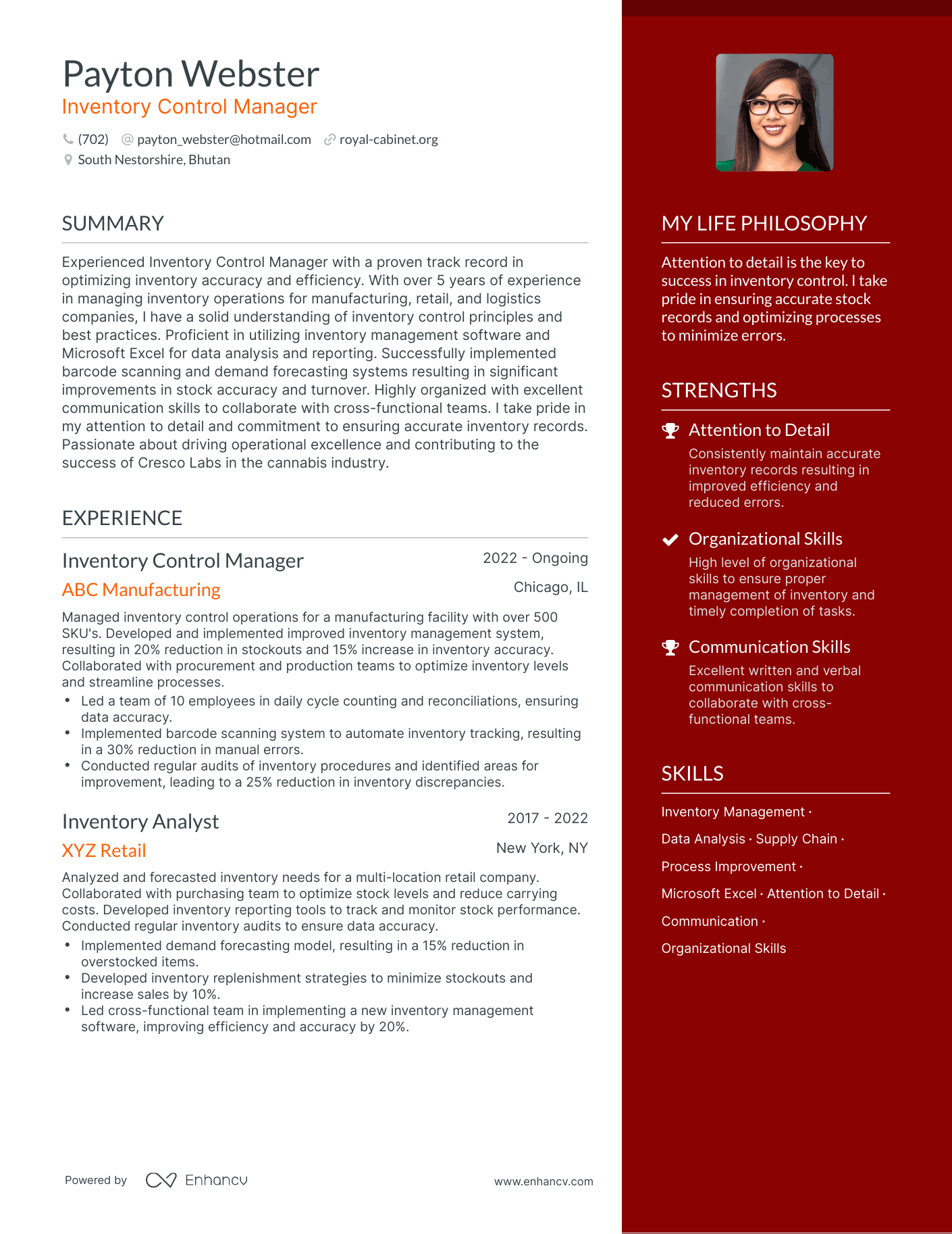 Inventory Control Manager resume example