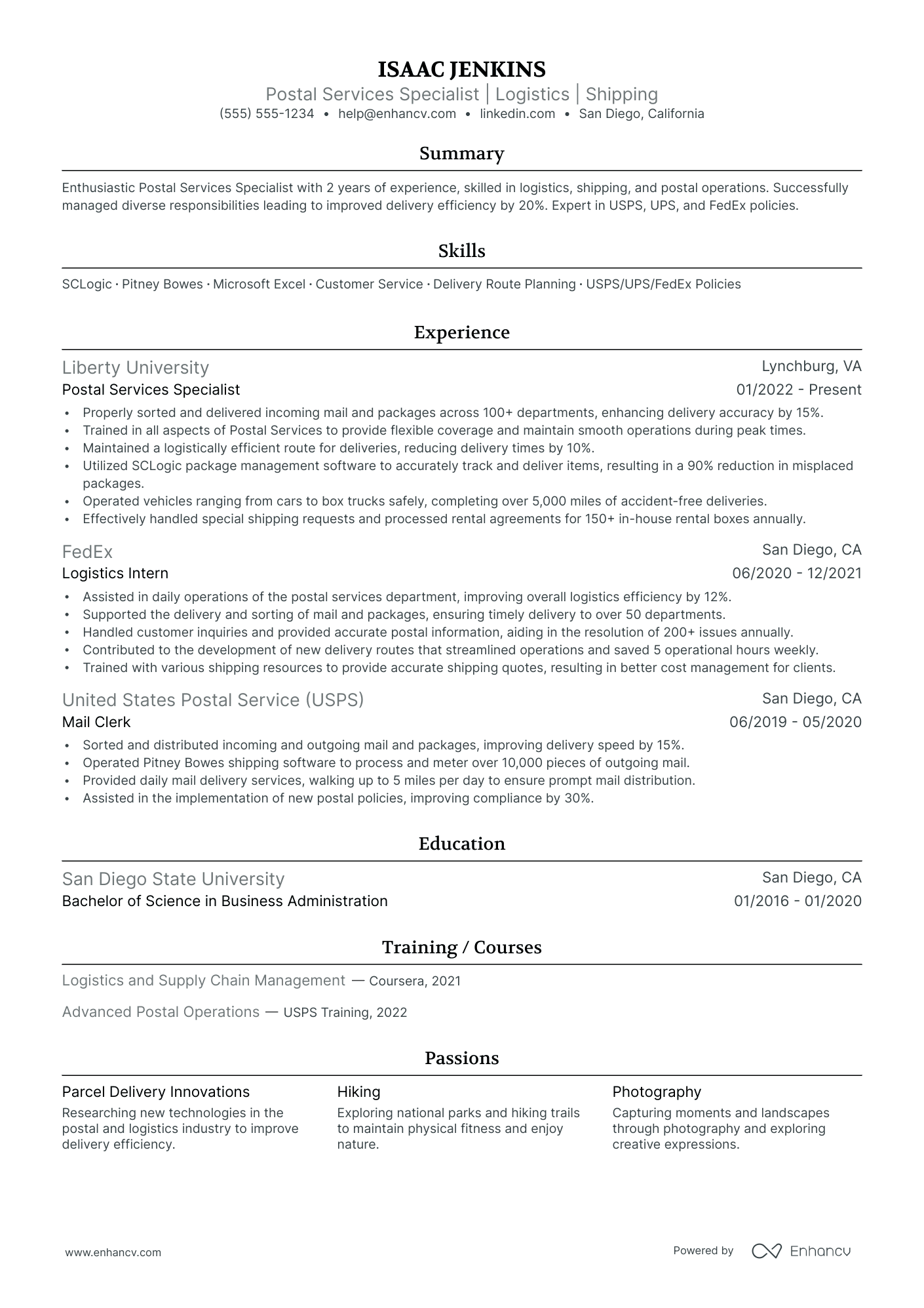 Postal Service resume example