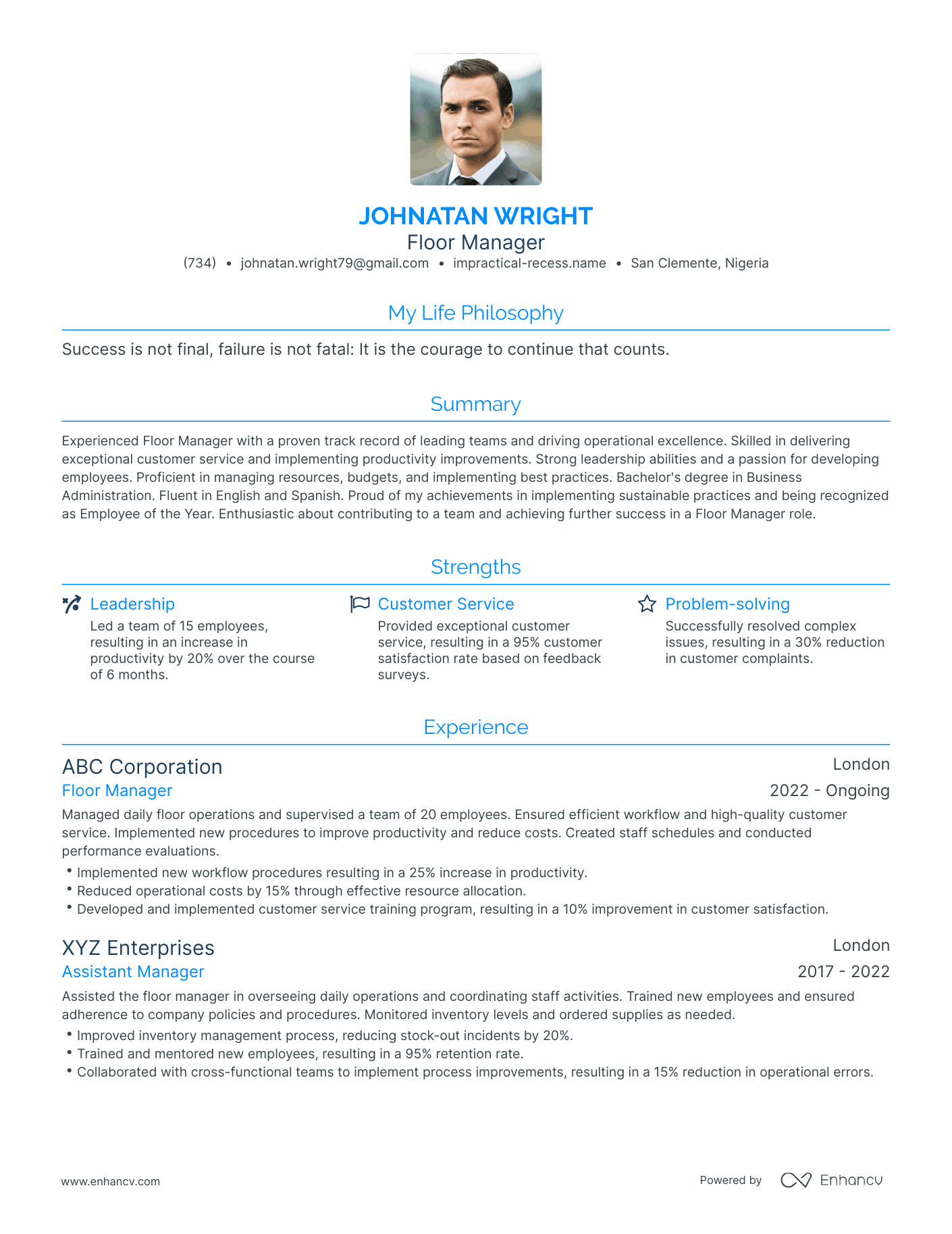 Modern Floor Manager Resume Example