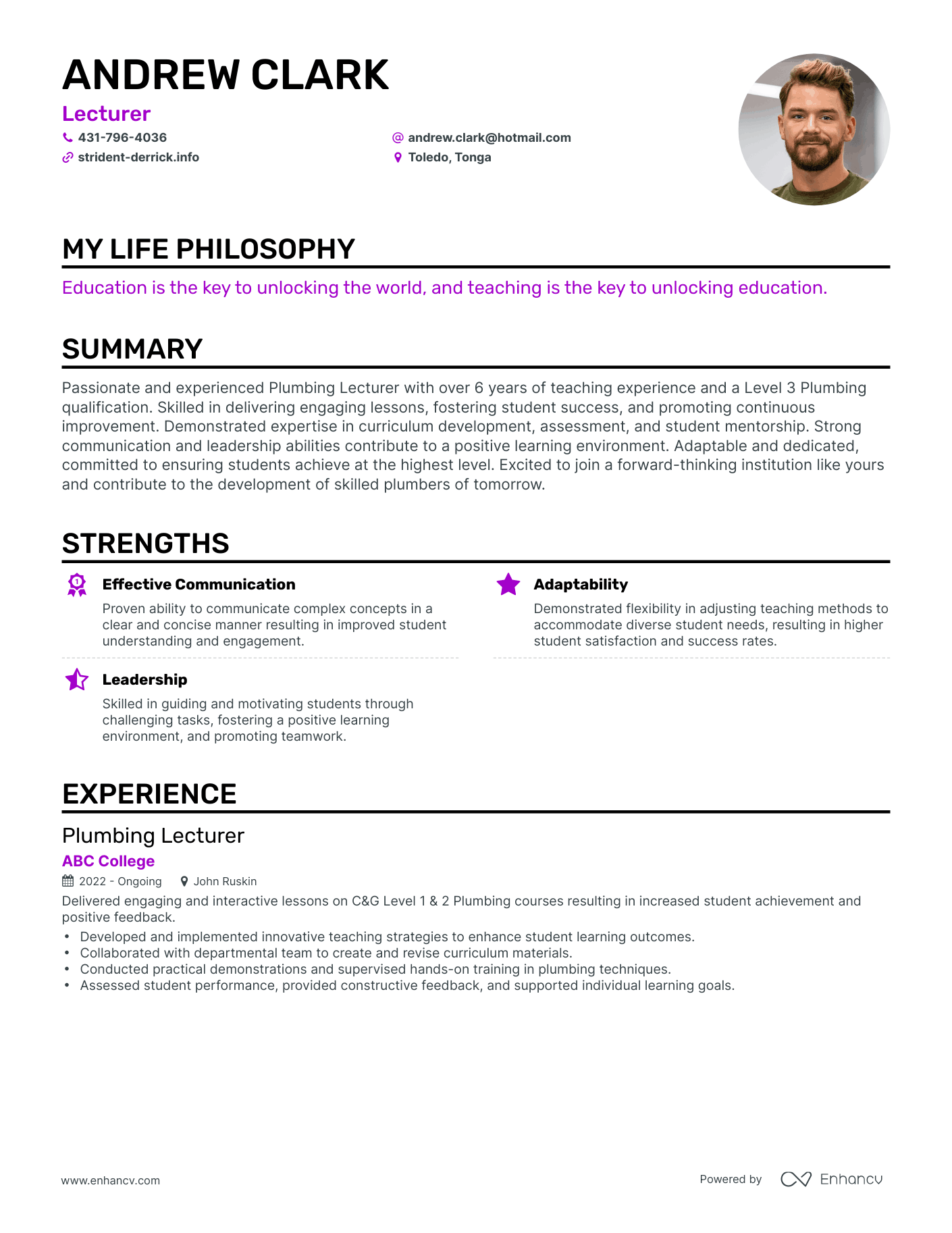 Creative Lecturer Resume Example