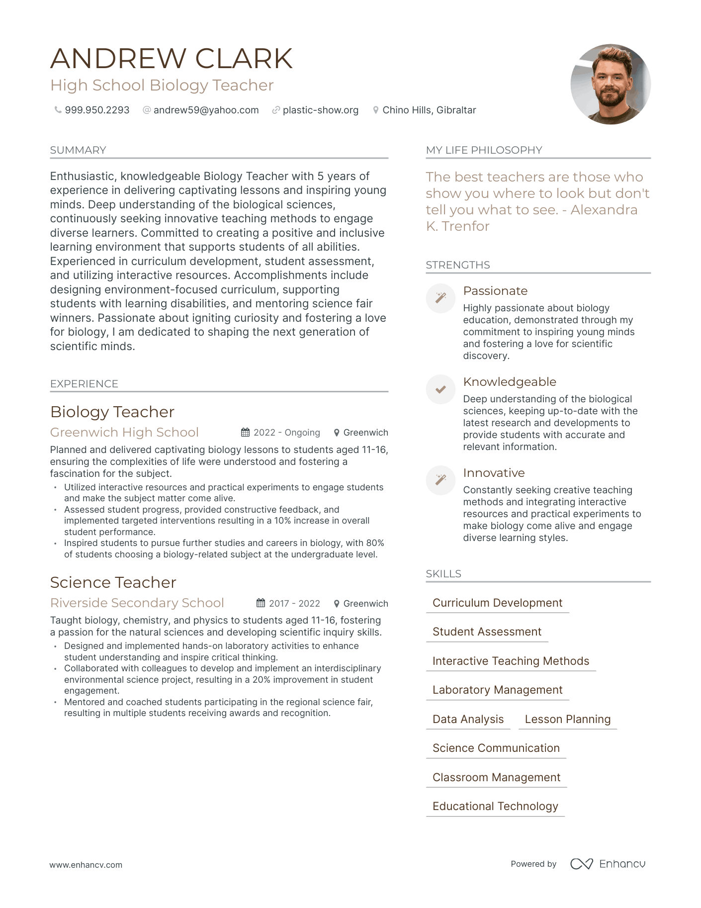 High School Biology Teacher resume example