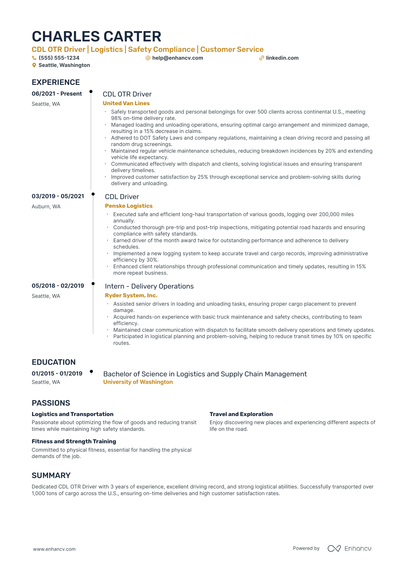 Long Distance Delivery Driver resume example