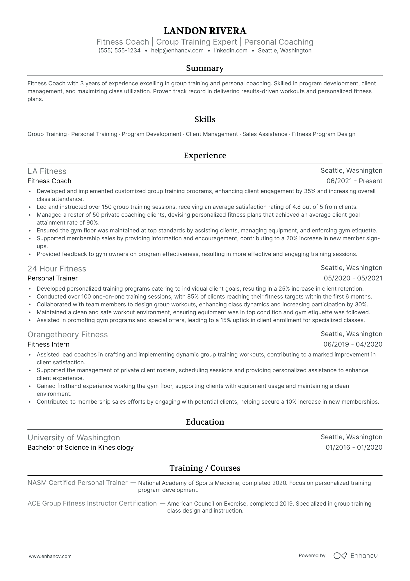 Group Fitness Personal Trainer resume example