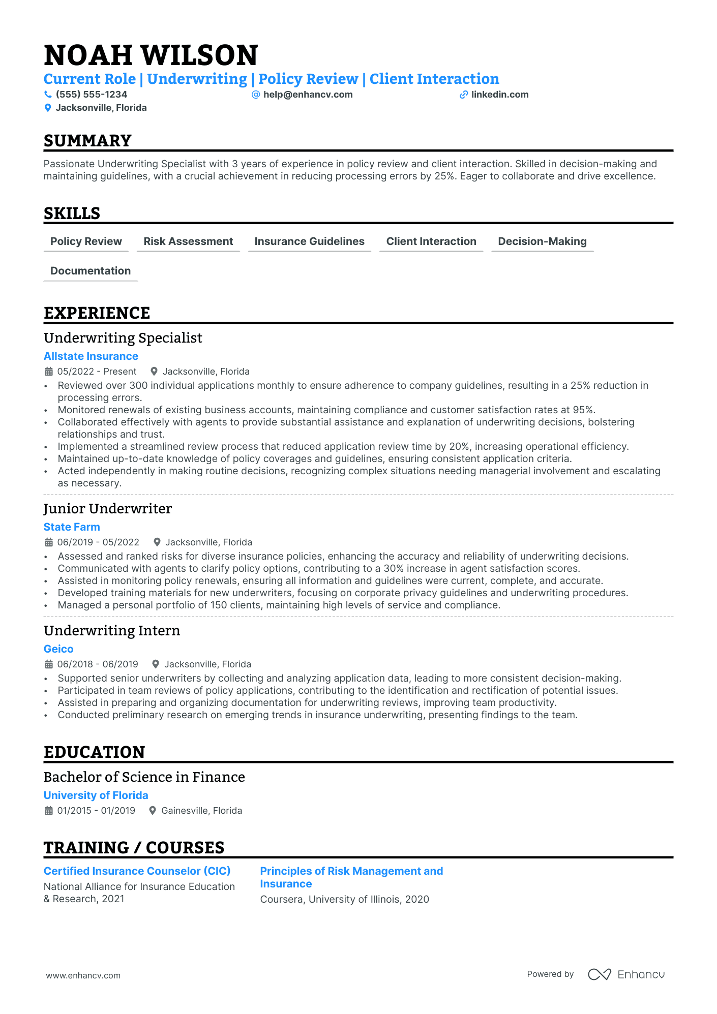 Underwriting Specialist resume example