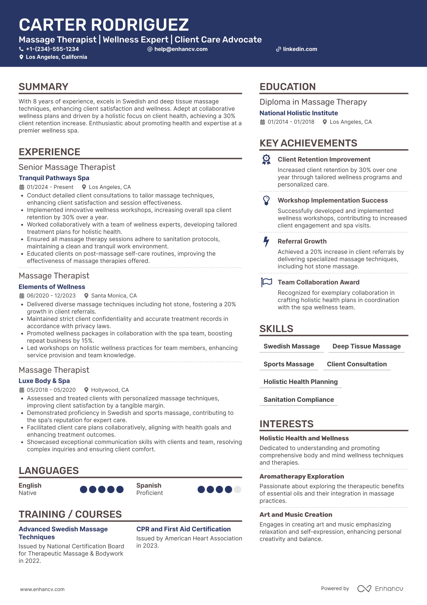 Massage Therapist resume example