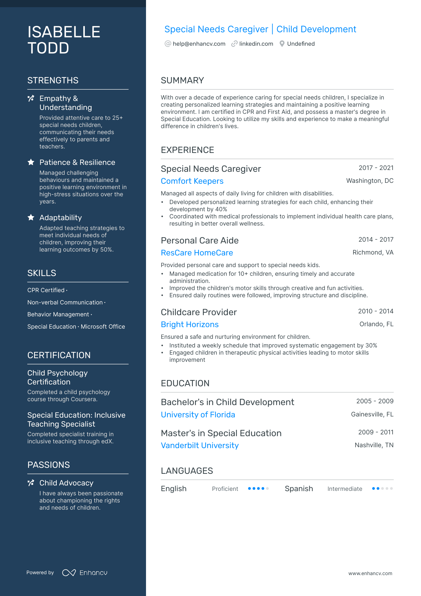 Special Needs Nanny resume example