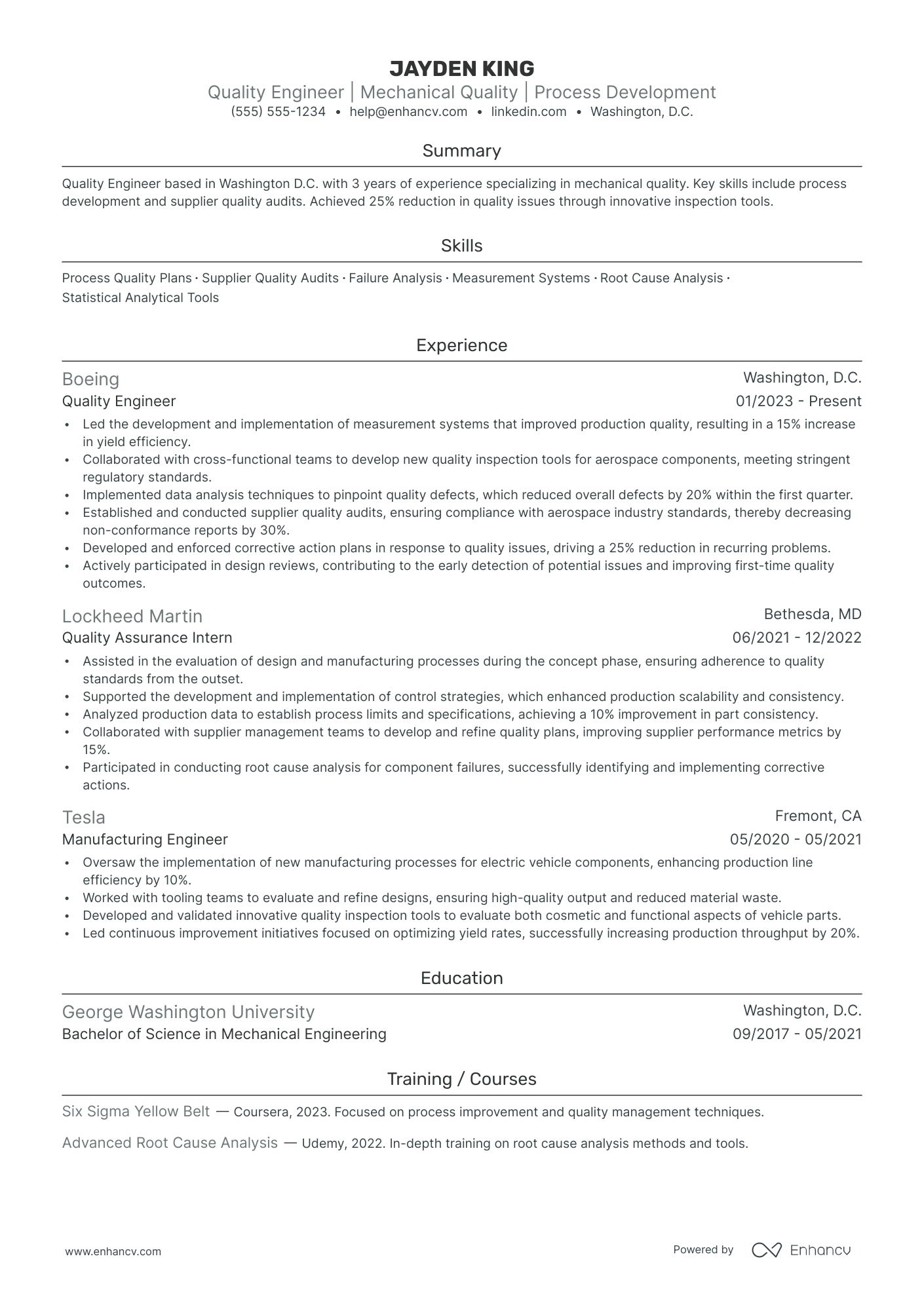 Mechanical Quality Assurance Engineer resume example