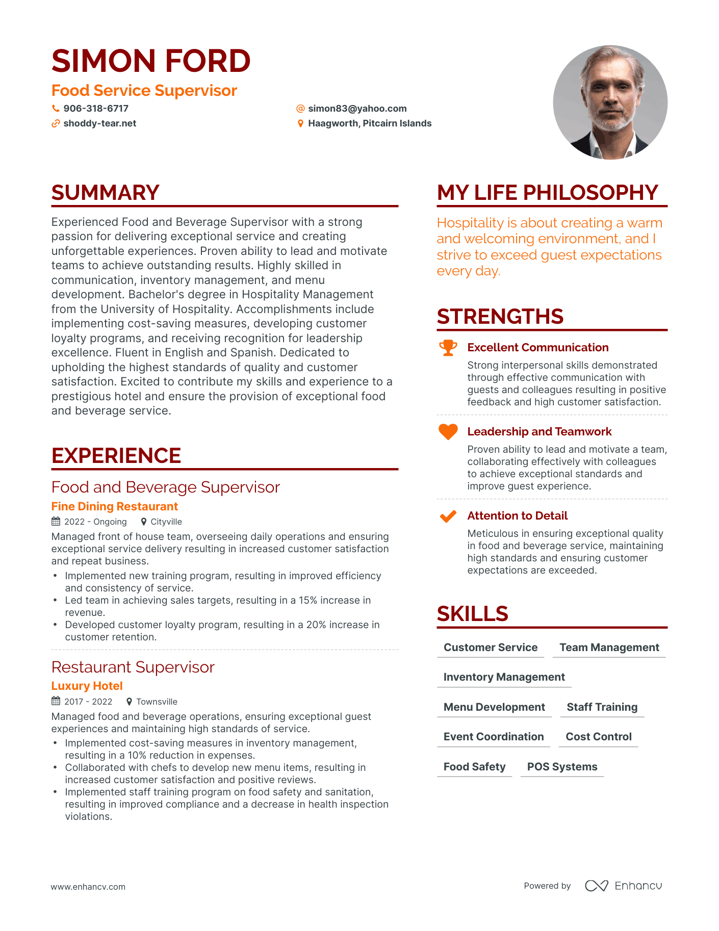 Food Service Supervisor resume example