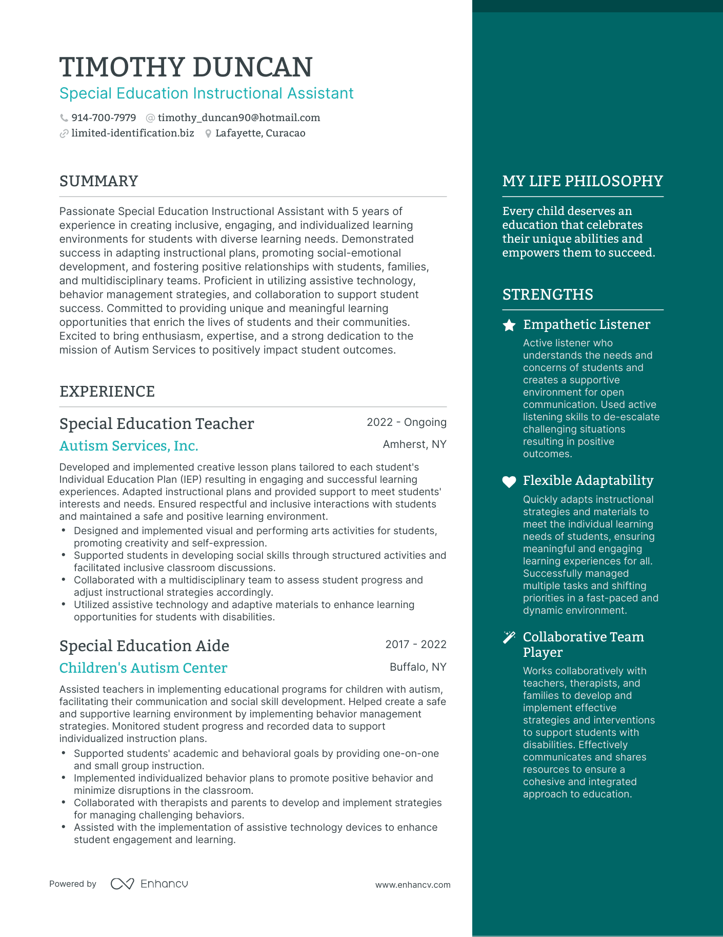 Special Education Instructional Assistant resume example