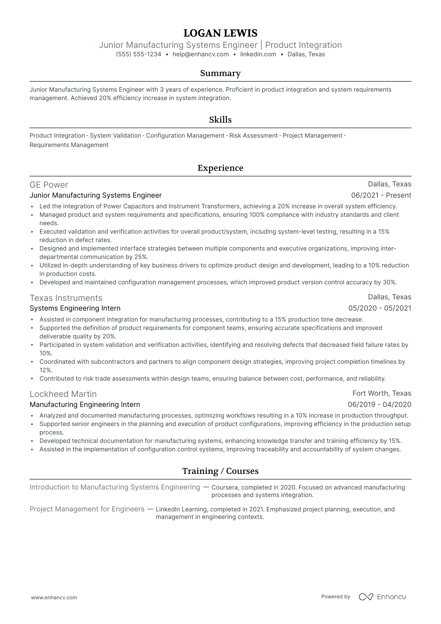 Manufacturing Systems Engineer resume example