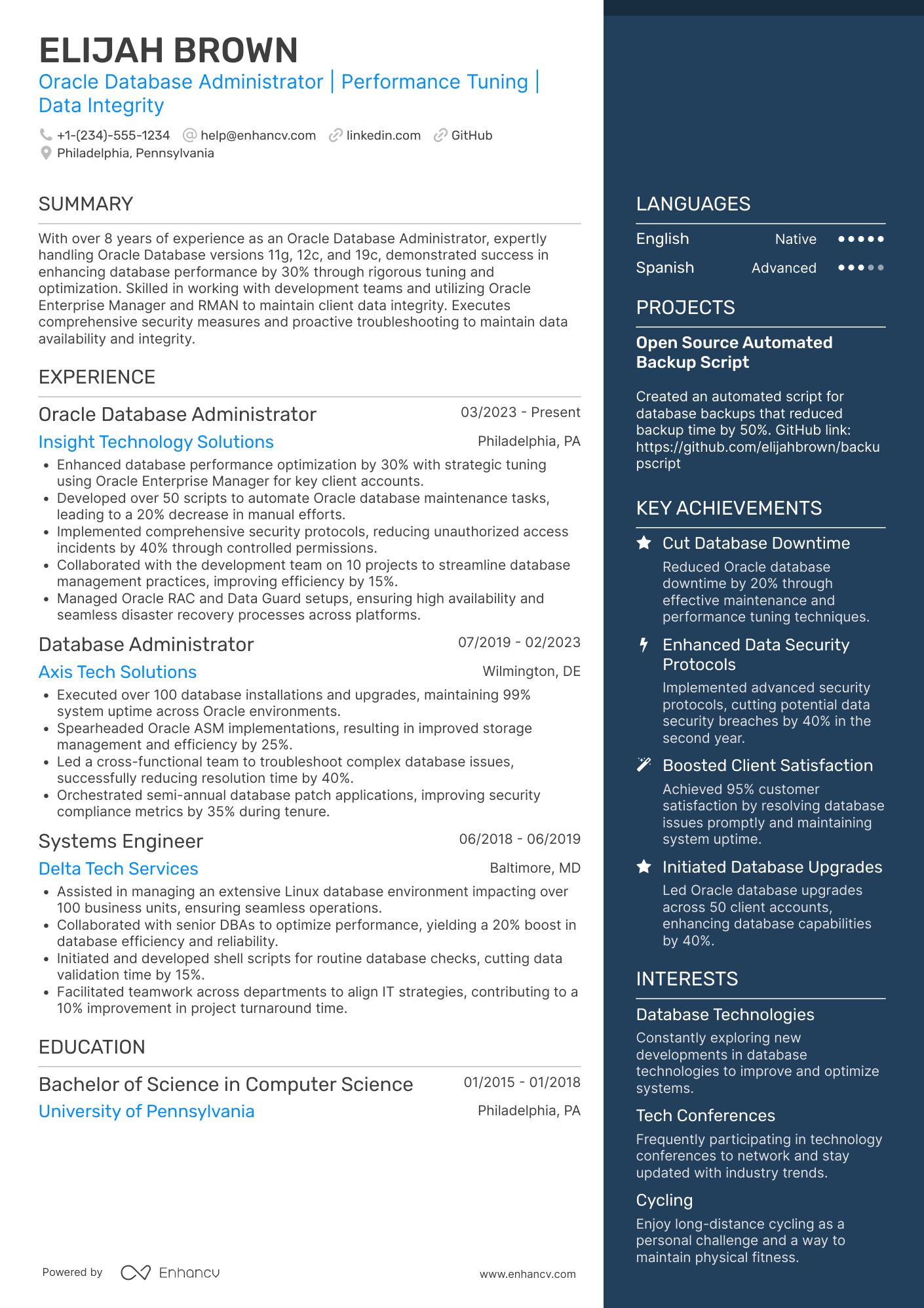 Oracle Database Administrator resume example