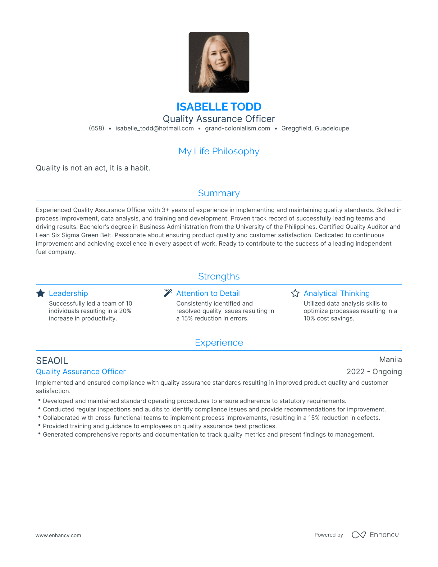 Modern Quality Assurance Officer Resume Example