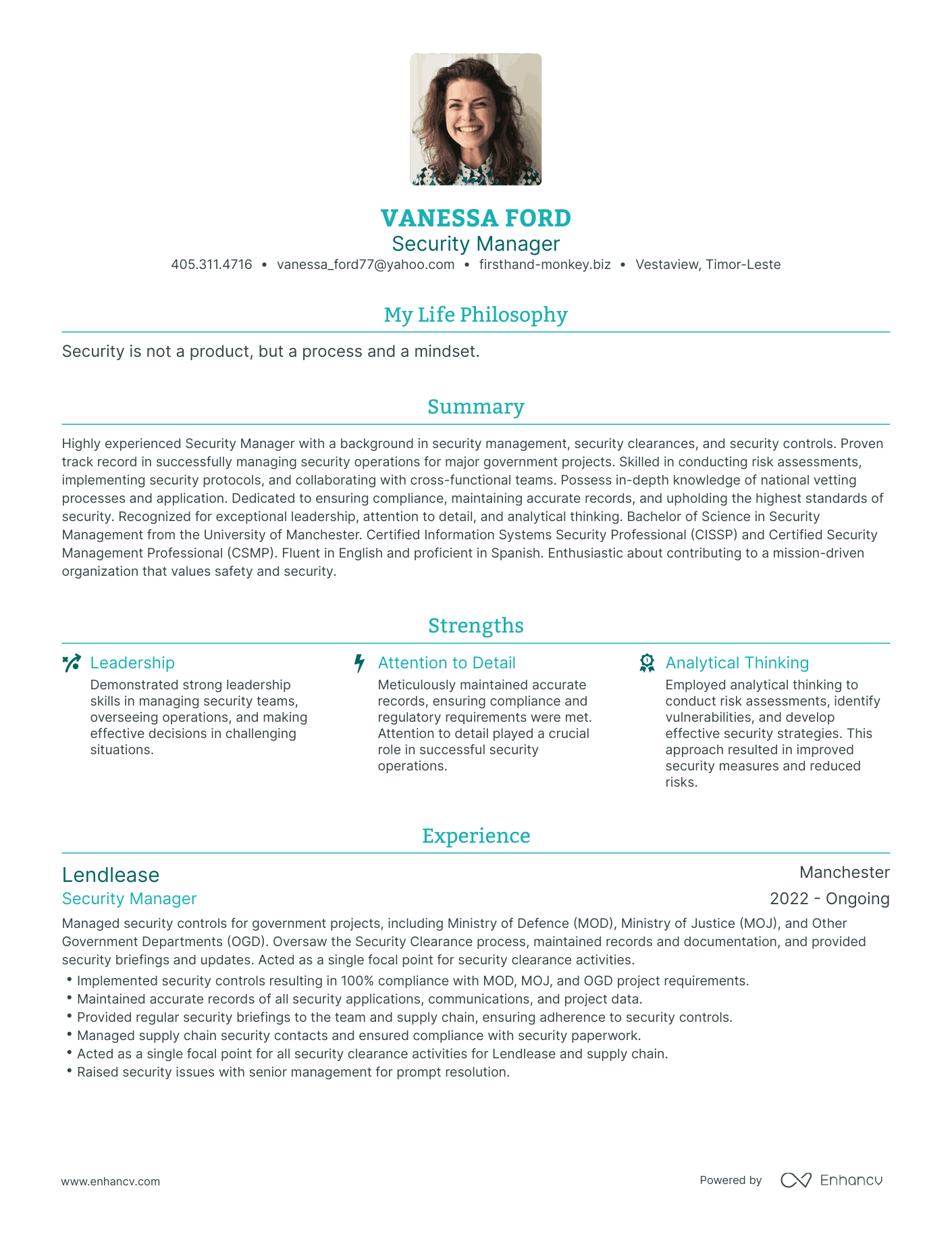 Modern Security Manager Resume Example