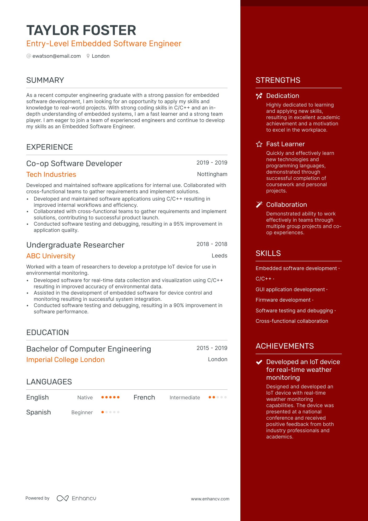 Entry Level Embedded Software Engineer CV example