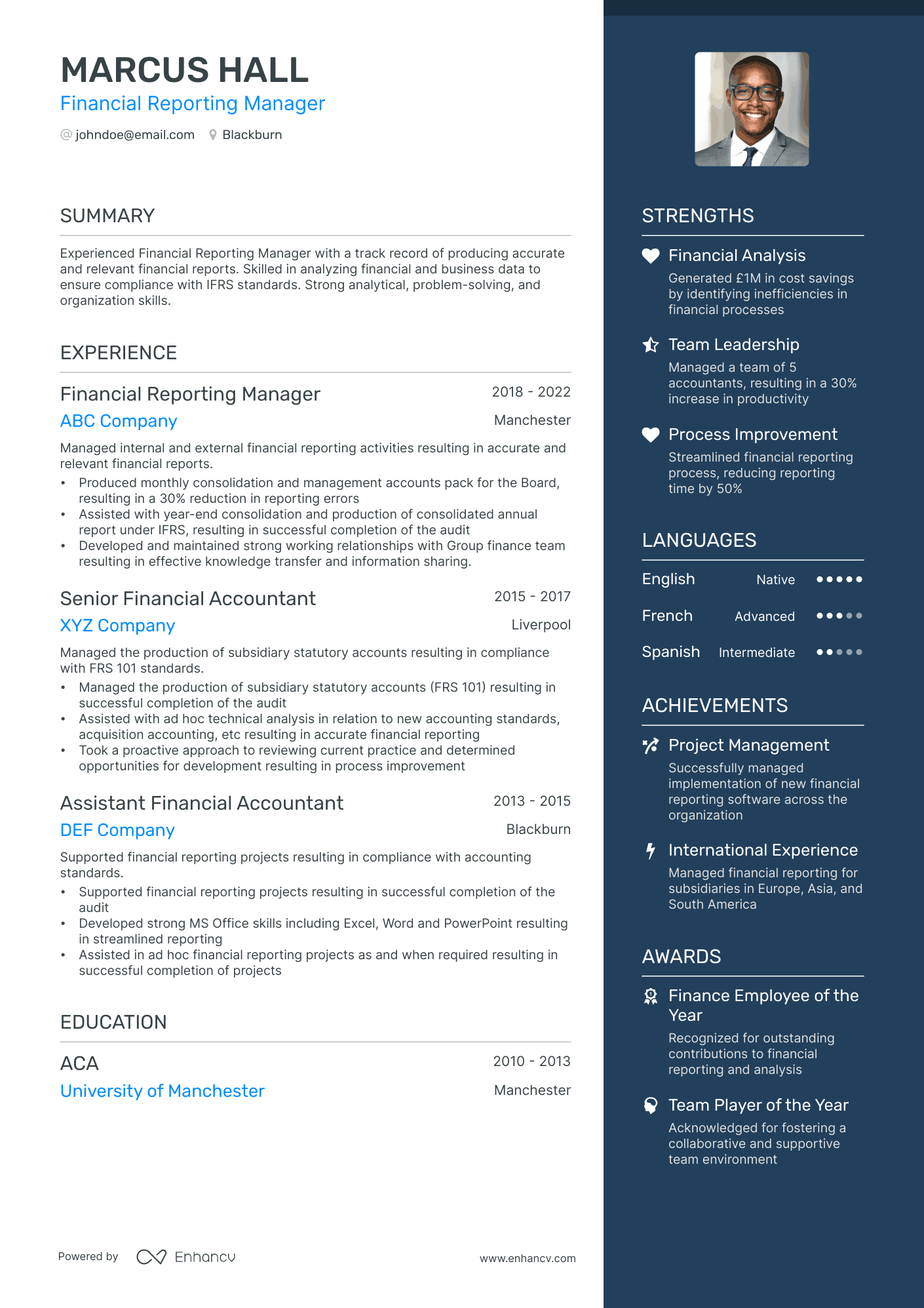 Financial Reporting Manager resume example