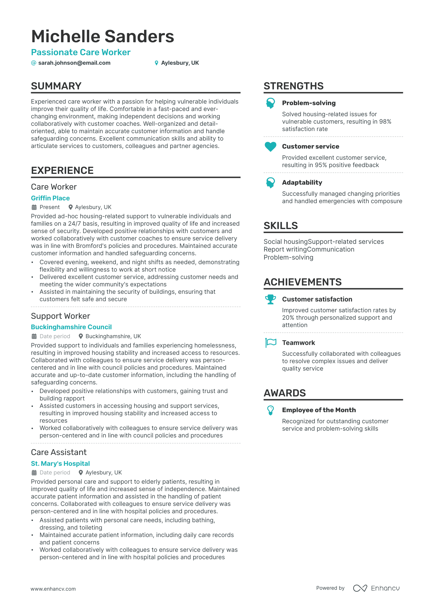 Care Worker resume example