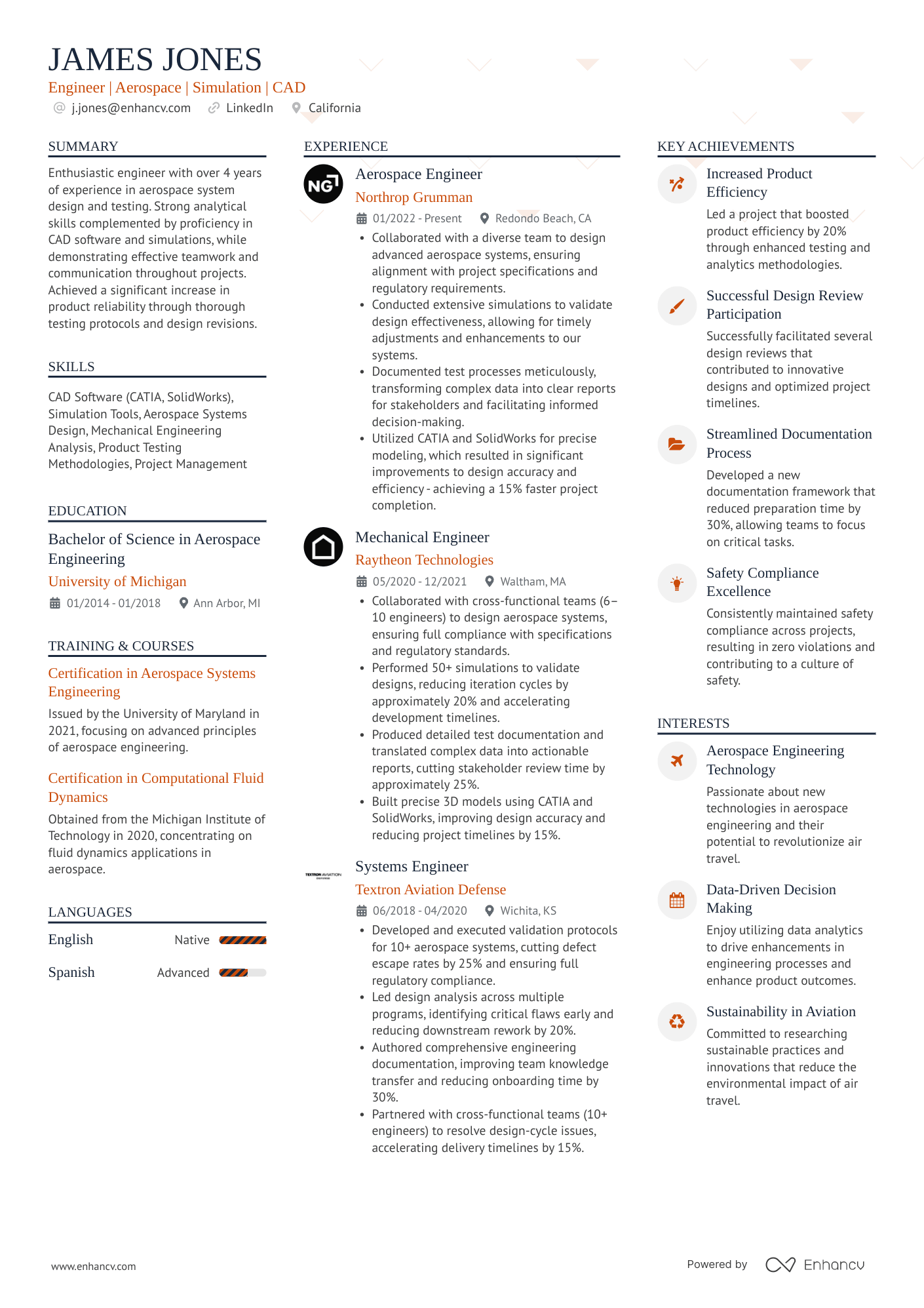 An ATS friendly multicolumn resume template. Consists of three columns, ideal for candidates with a lot of of experience or those who want to divide their information in a unique way. Orange and red accent colors