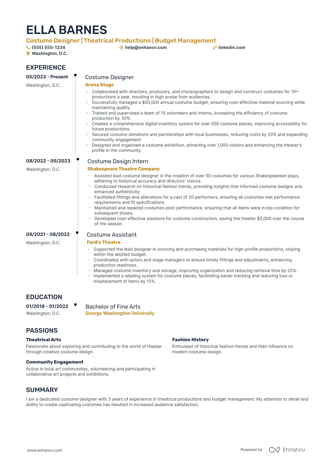 Costume Fashion Designer resume example