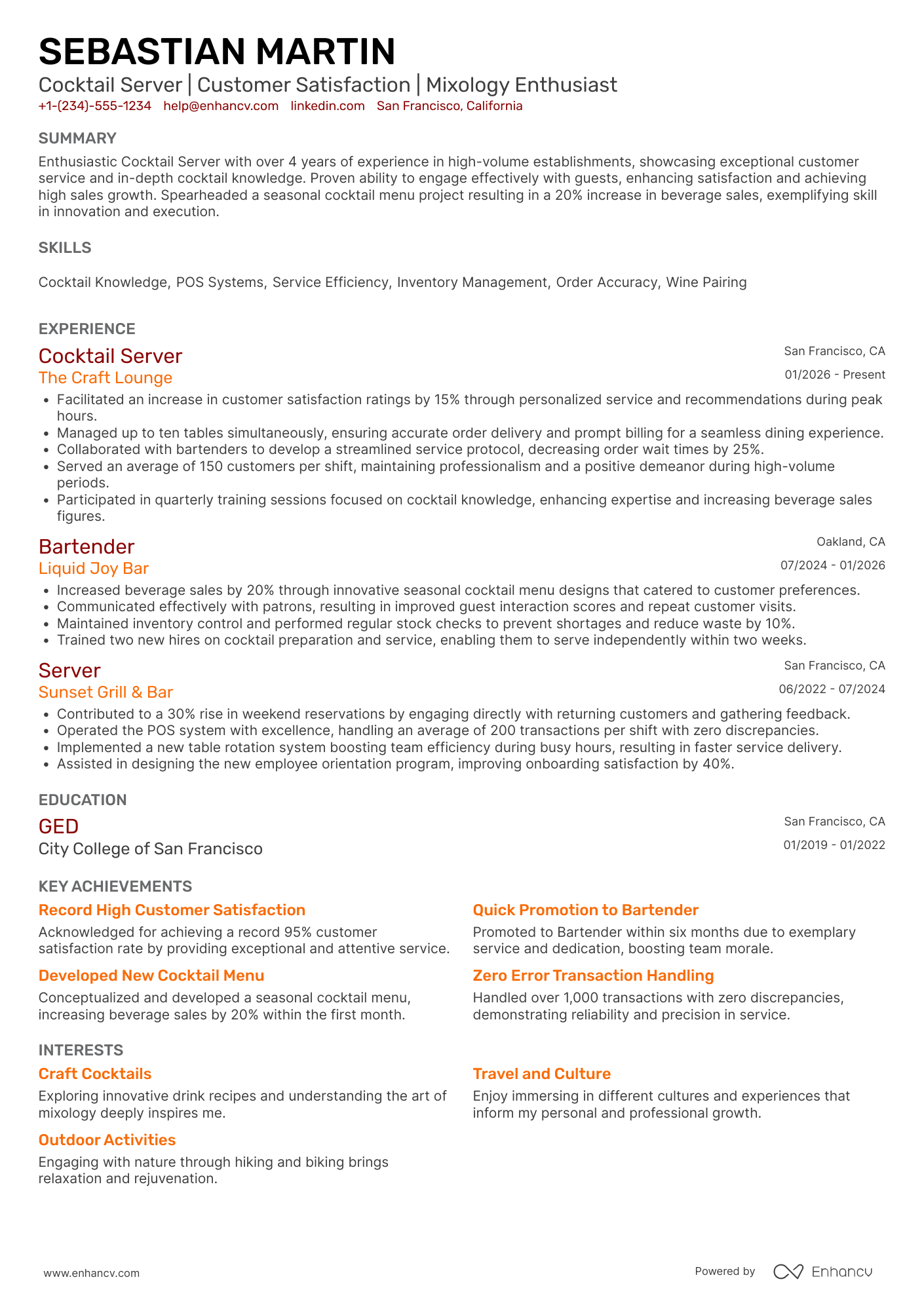 Cocktail Server resume example