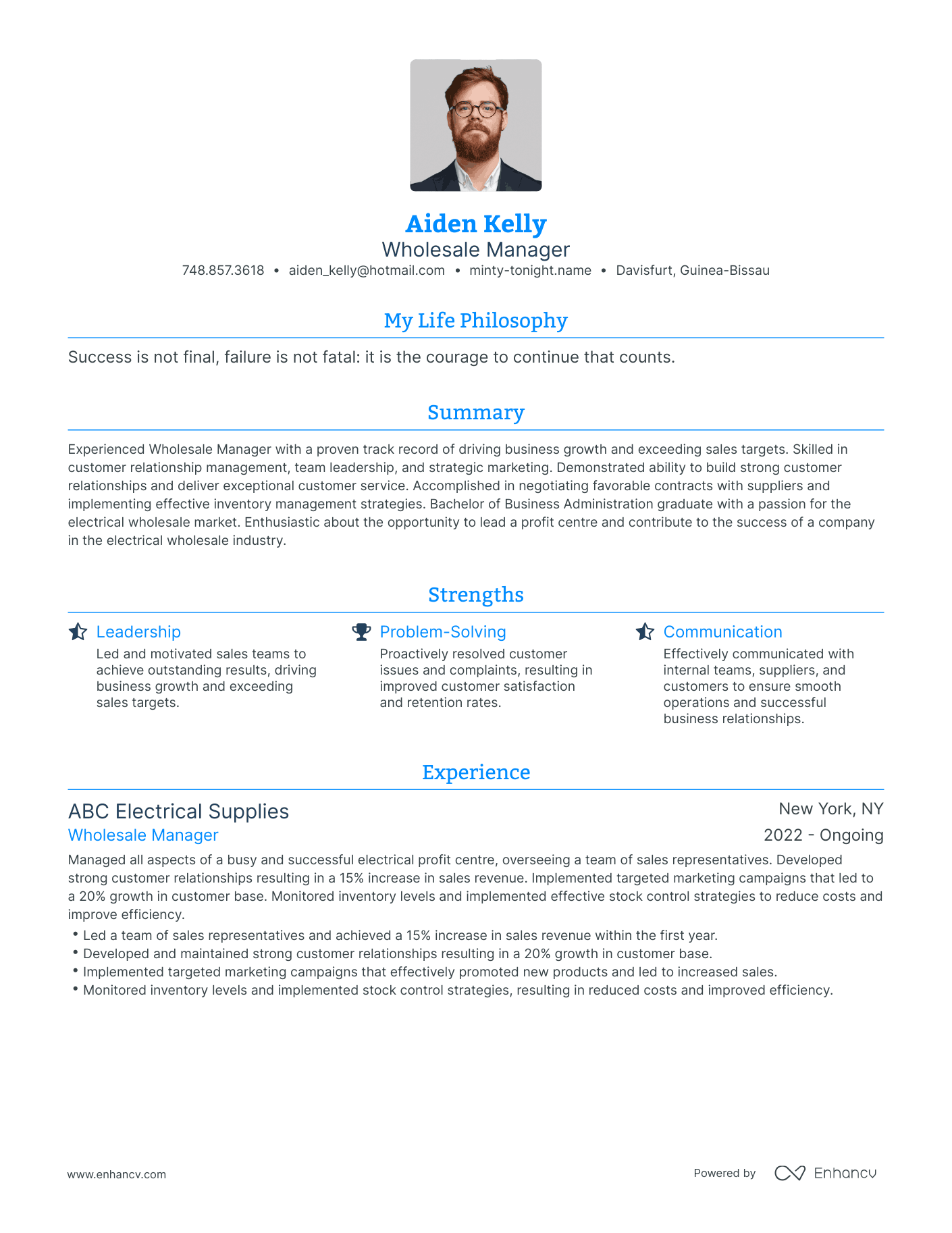 Modern Wholesale Manager Resume Example