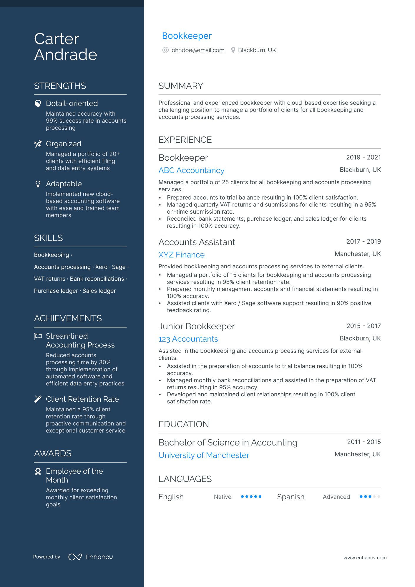 Bookkeeper resume example