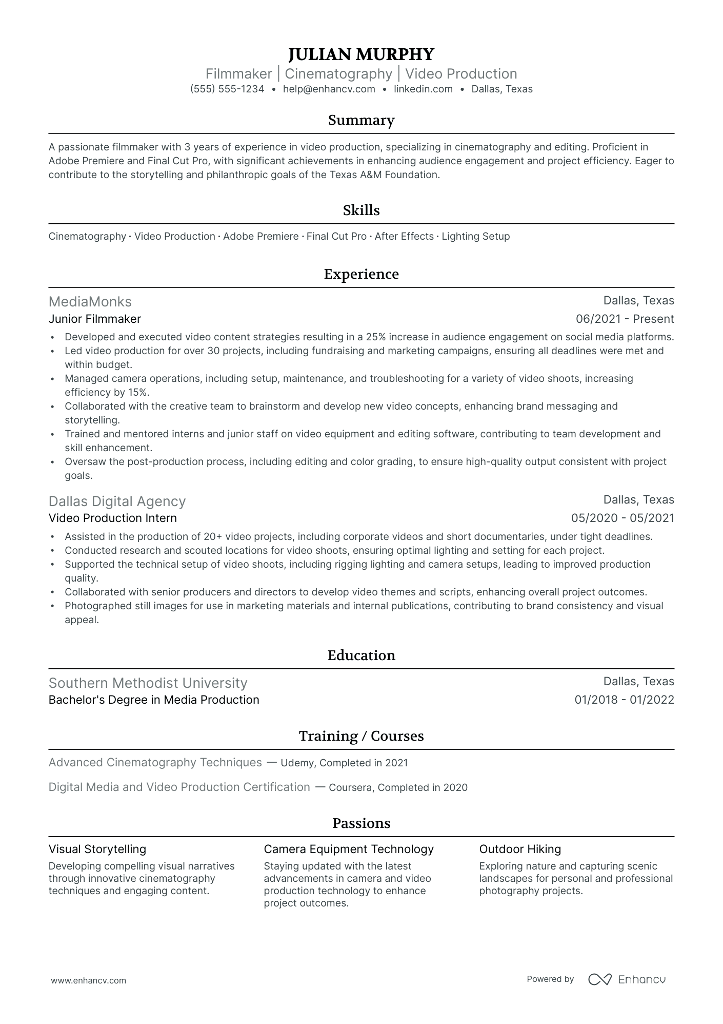 Short Film Filmmaker resume example