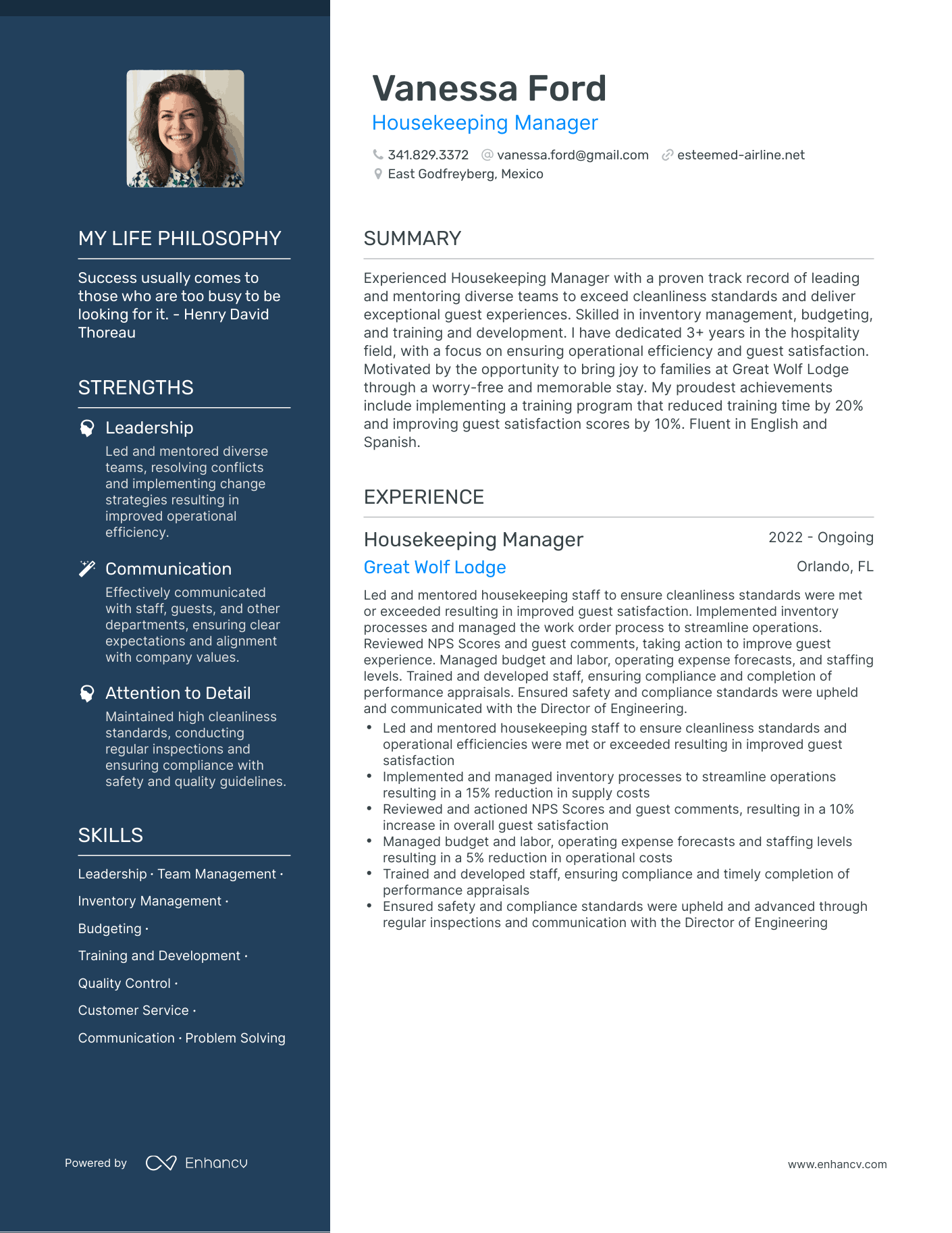 Creative Housekeeping Manager Resume Example