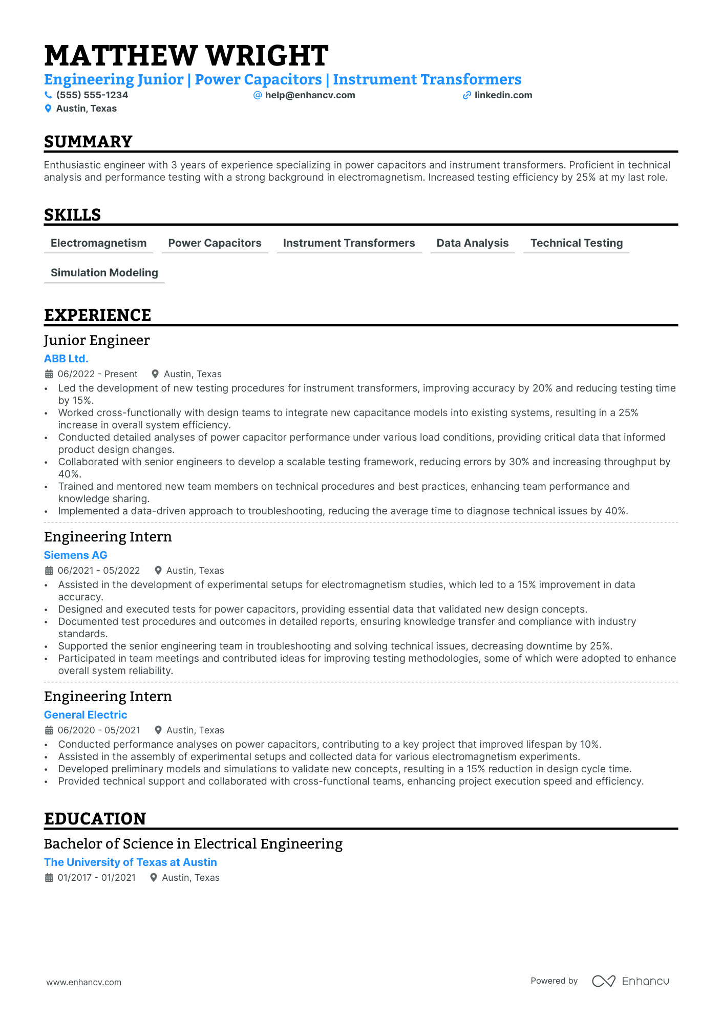 Assistant Electrical Engineer resume example