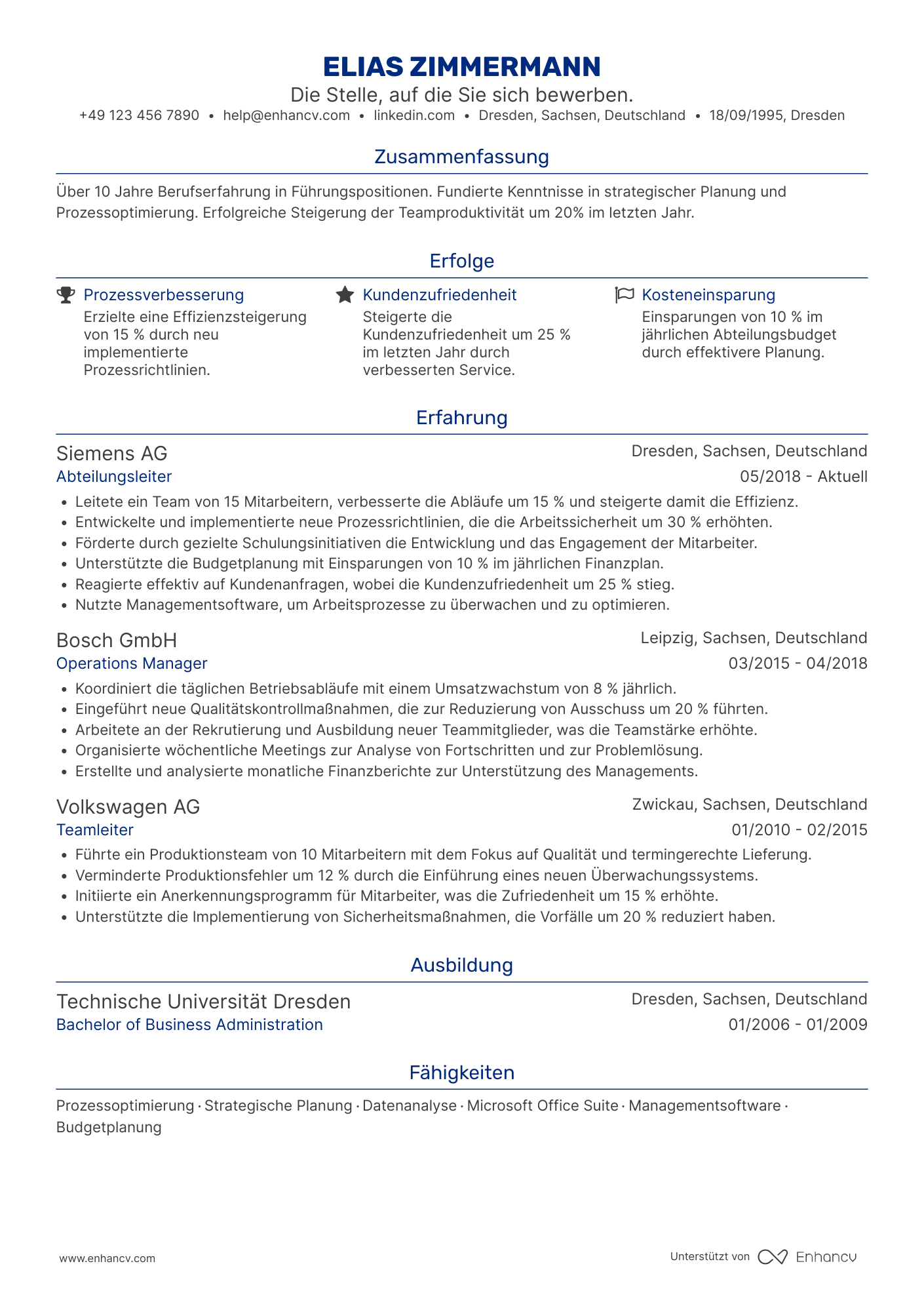 Stellvertretender Manager CV