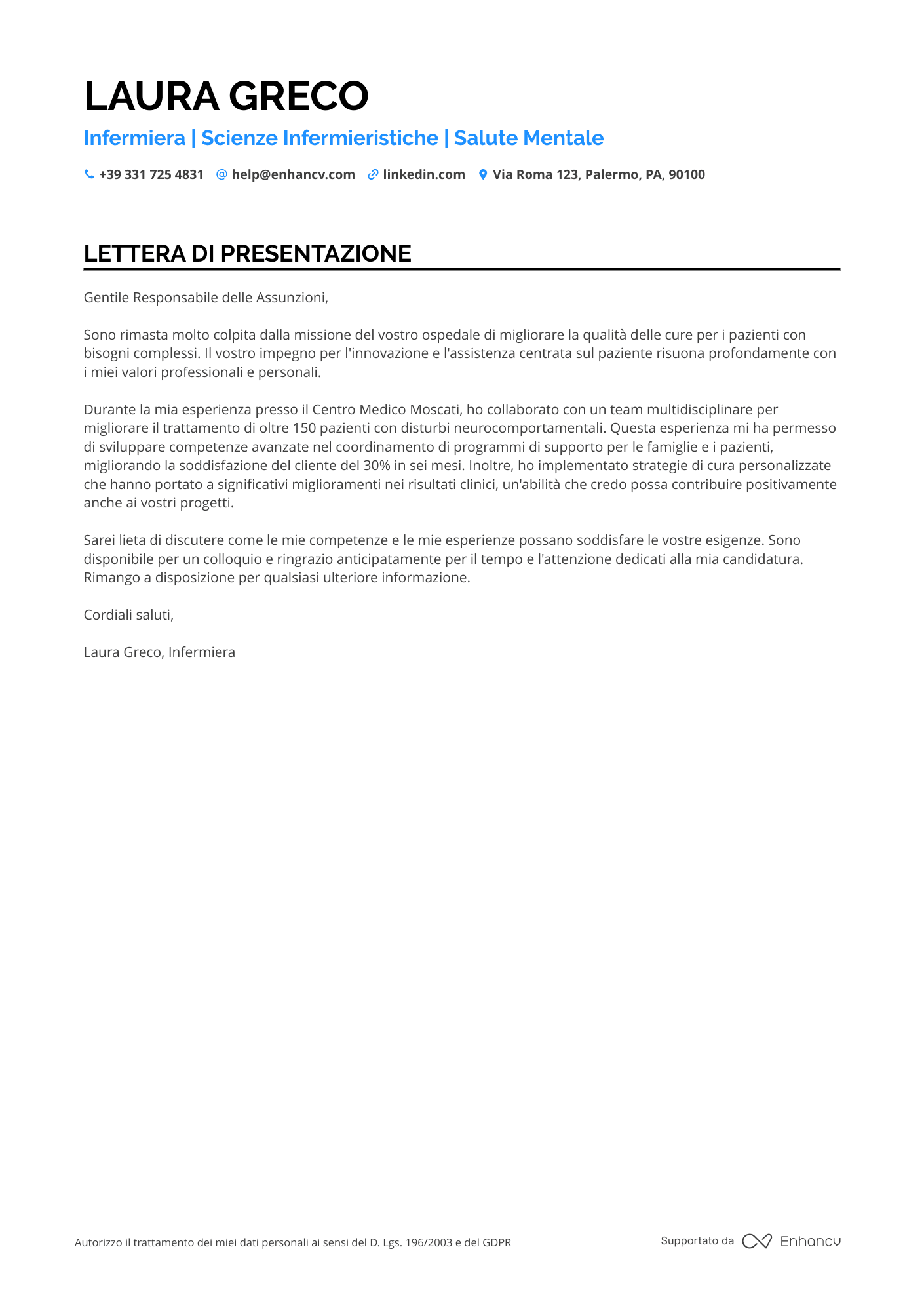 Infermiere Lettera di presentazione