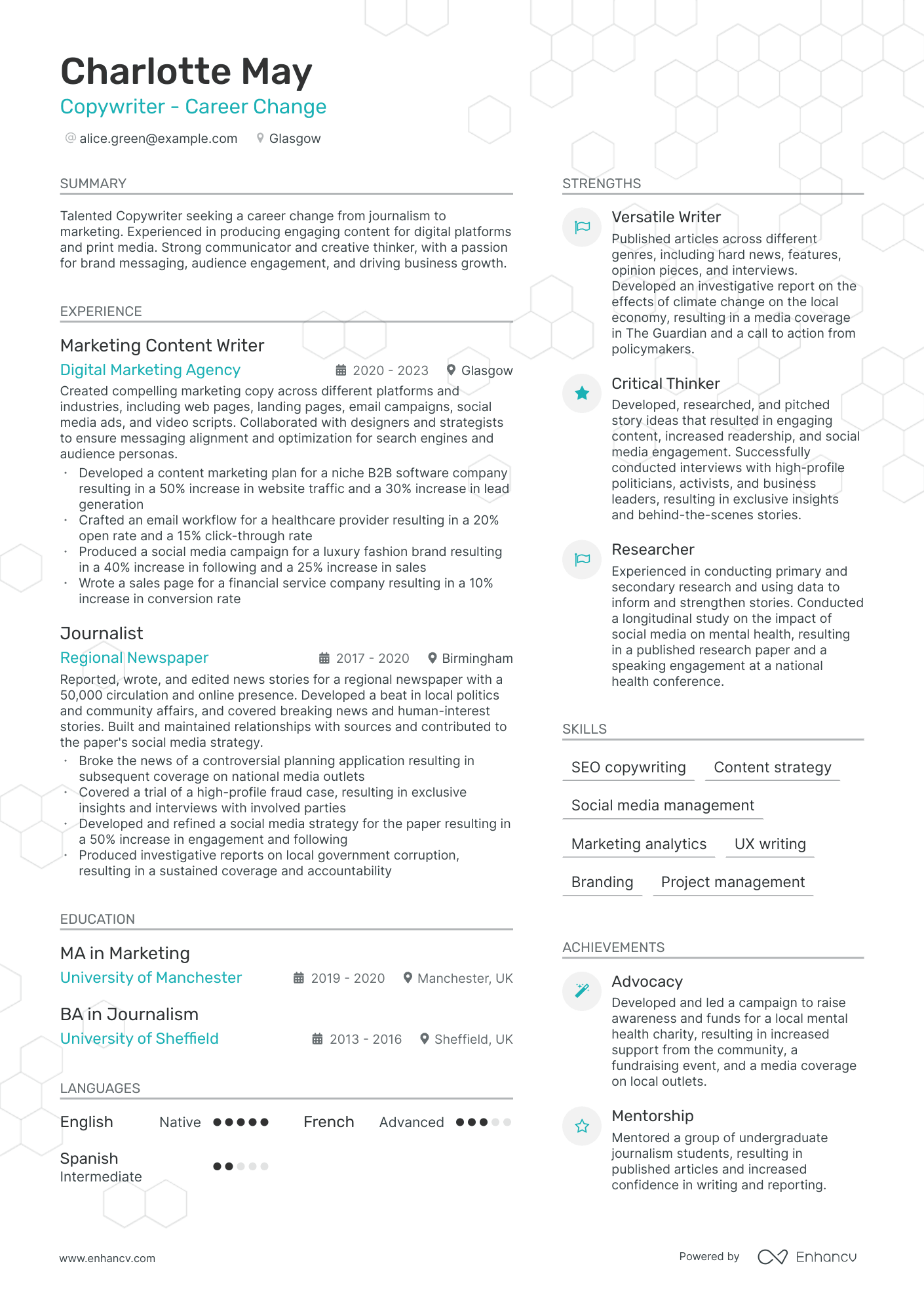 Copywriter   Career Change CV example