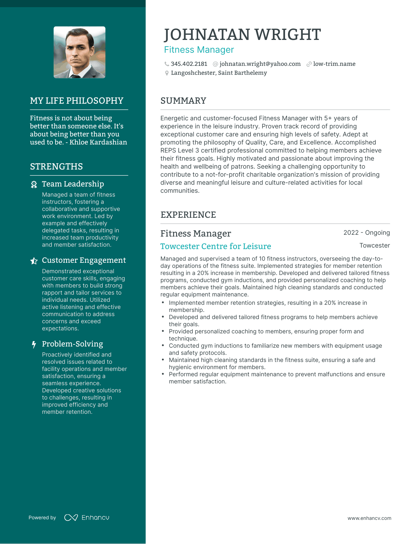 Creative Fitness Manager Resume Example