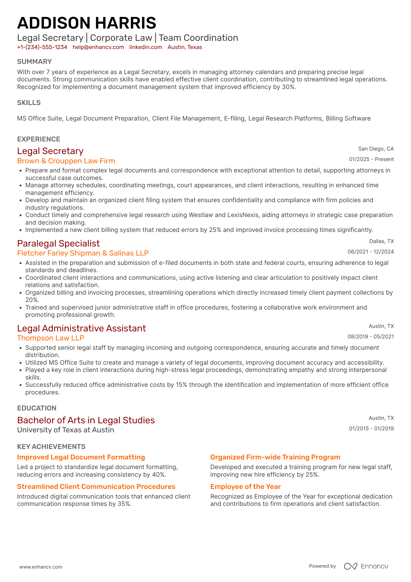 Legal Secretary resume example