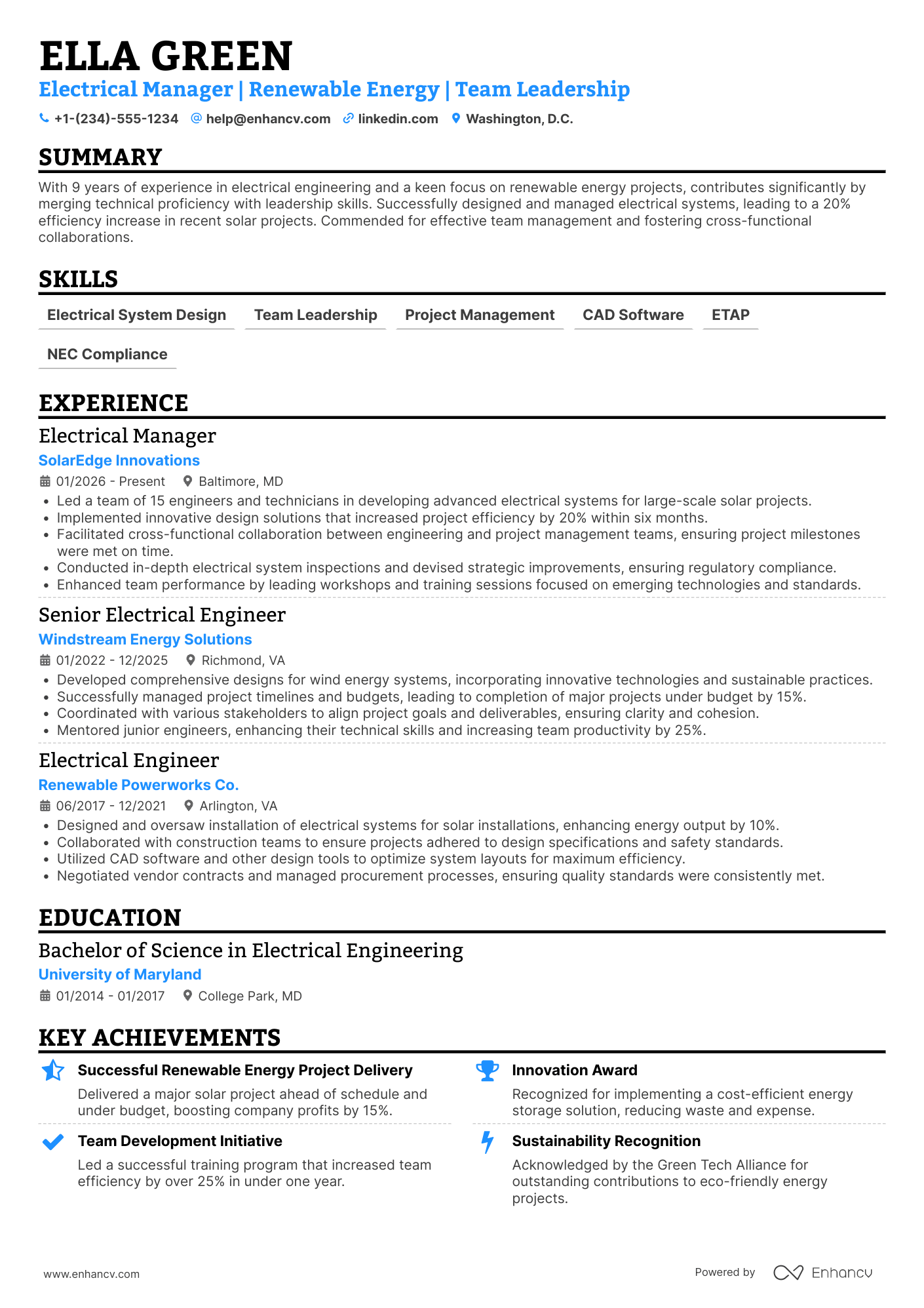Electrical Manager resume example