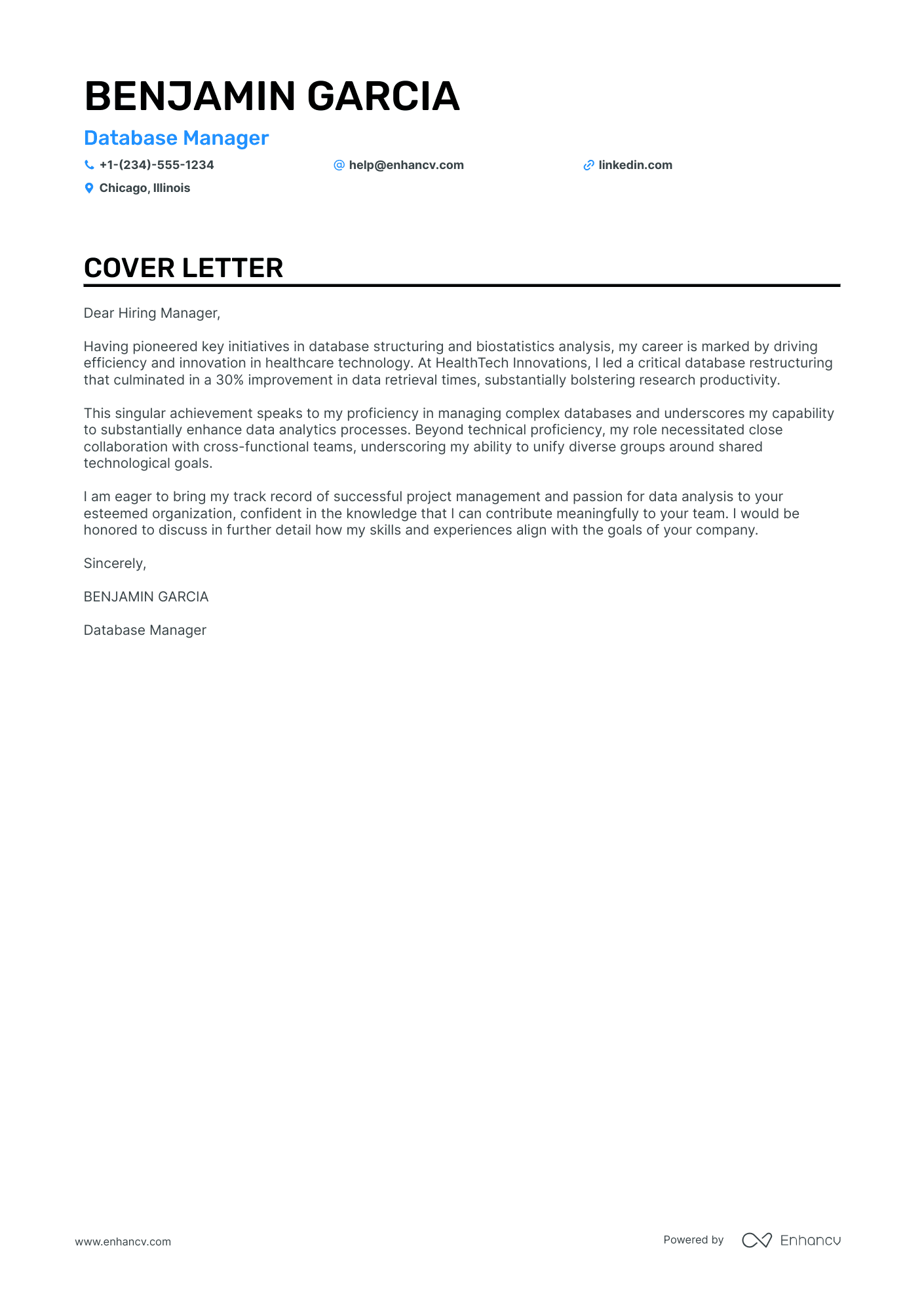 Database Manager cover letter