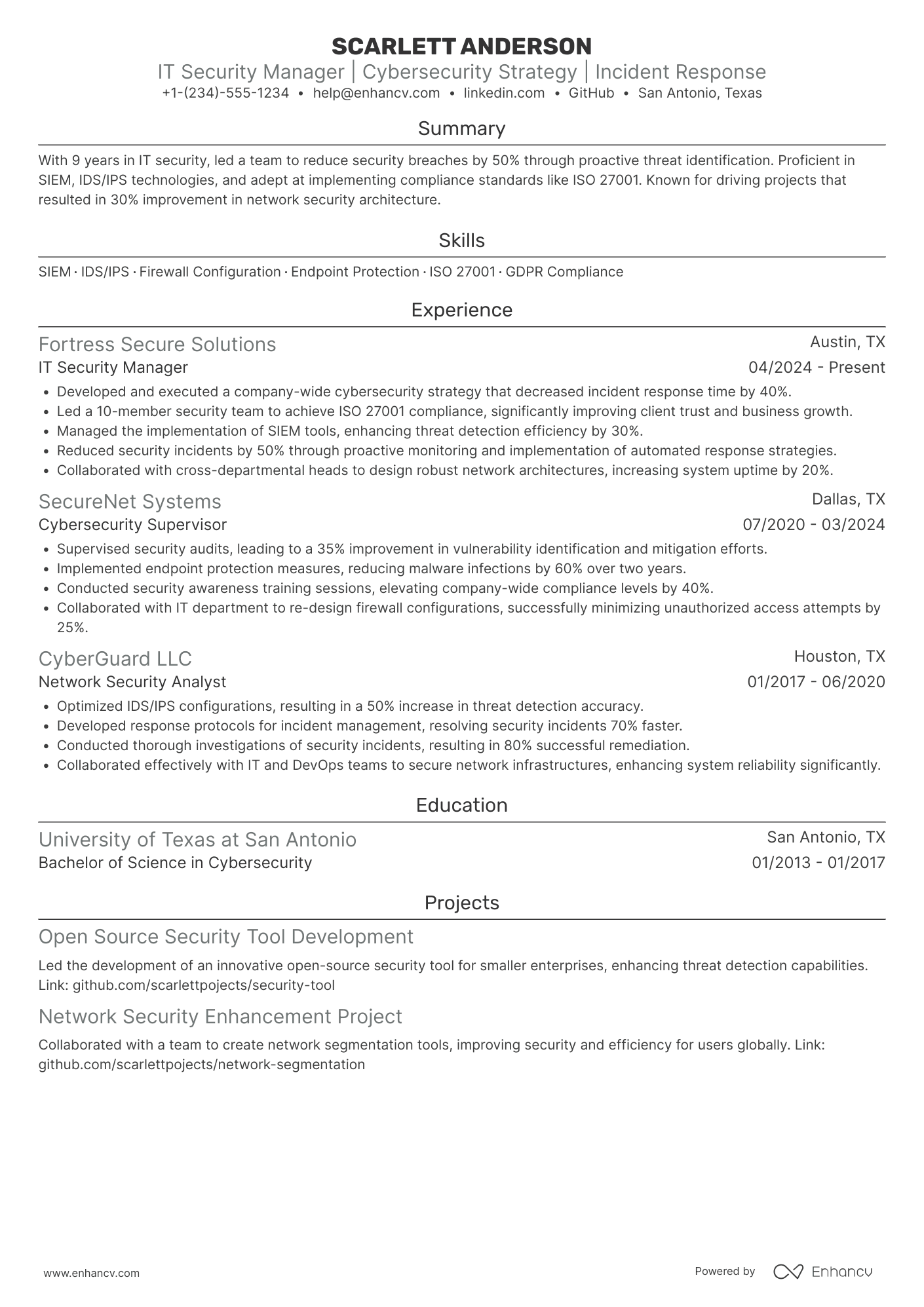 IT Security Manager resume example