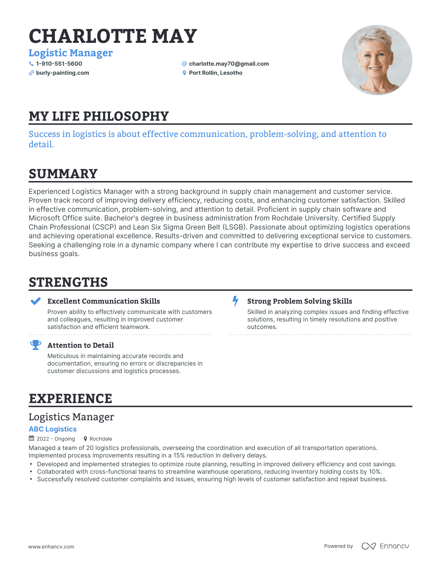 Creative Logistic Manager Resume Example