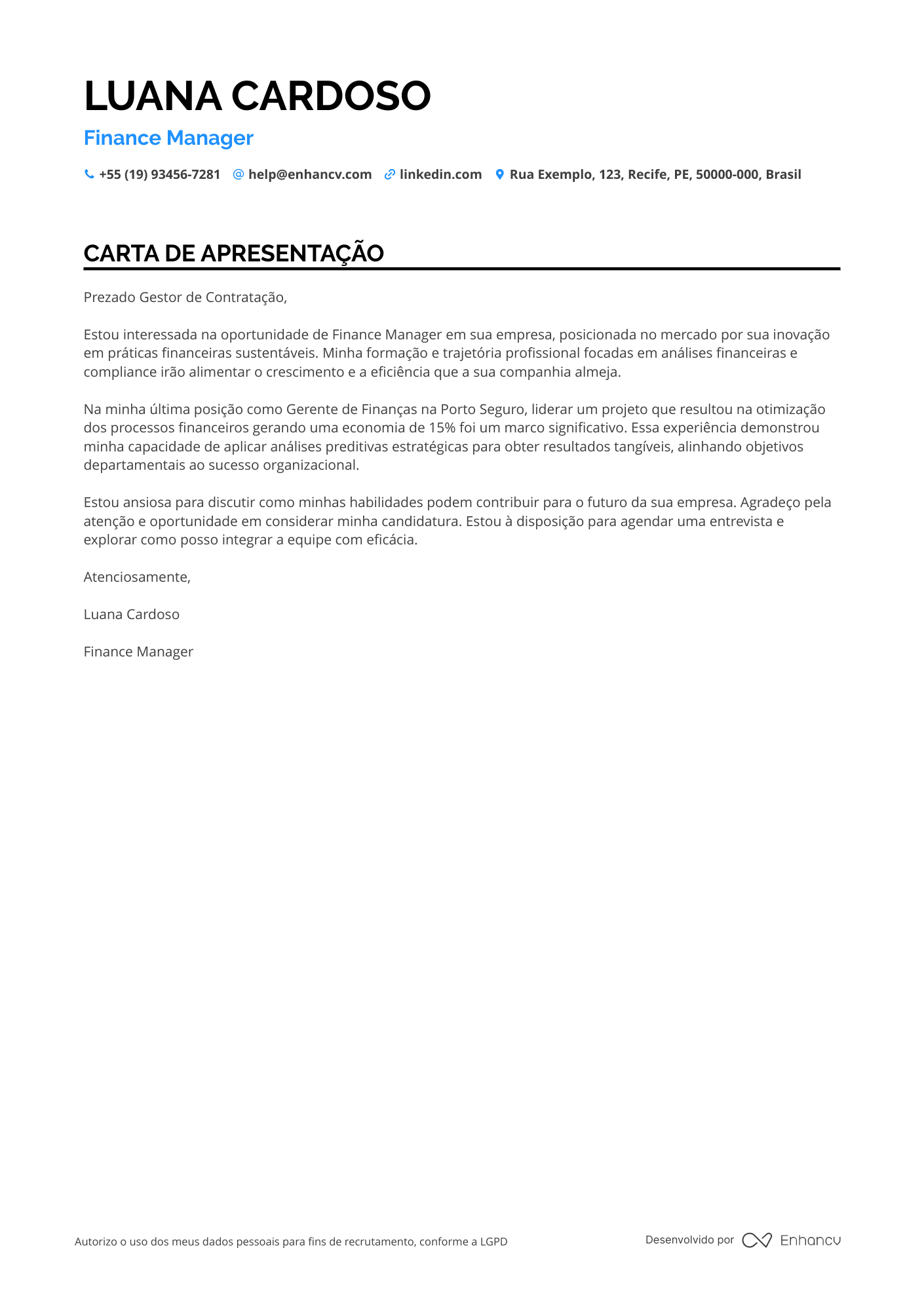 Gerente Financeiro Carta de apresentação