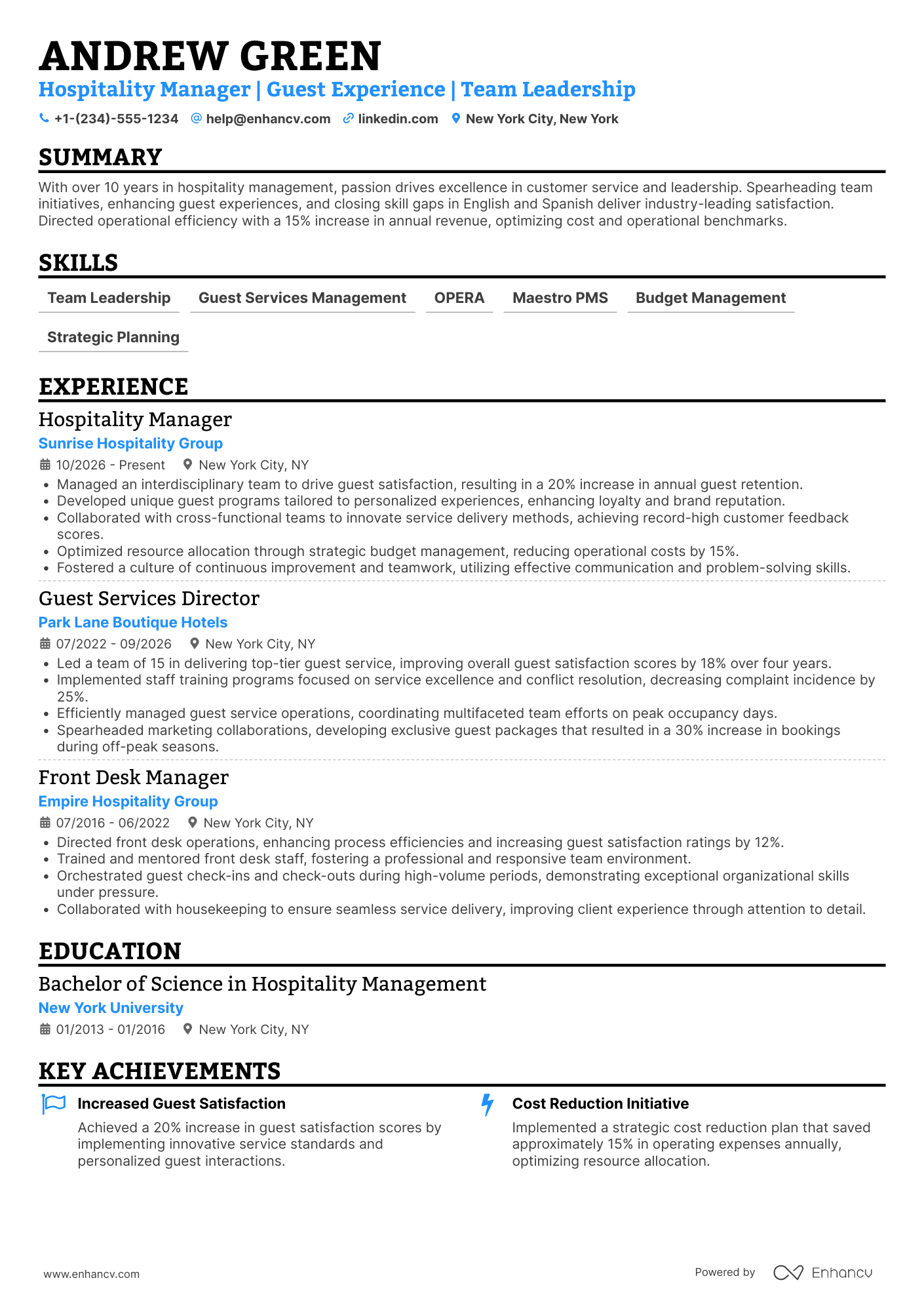 Hospitality Manager resume example