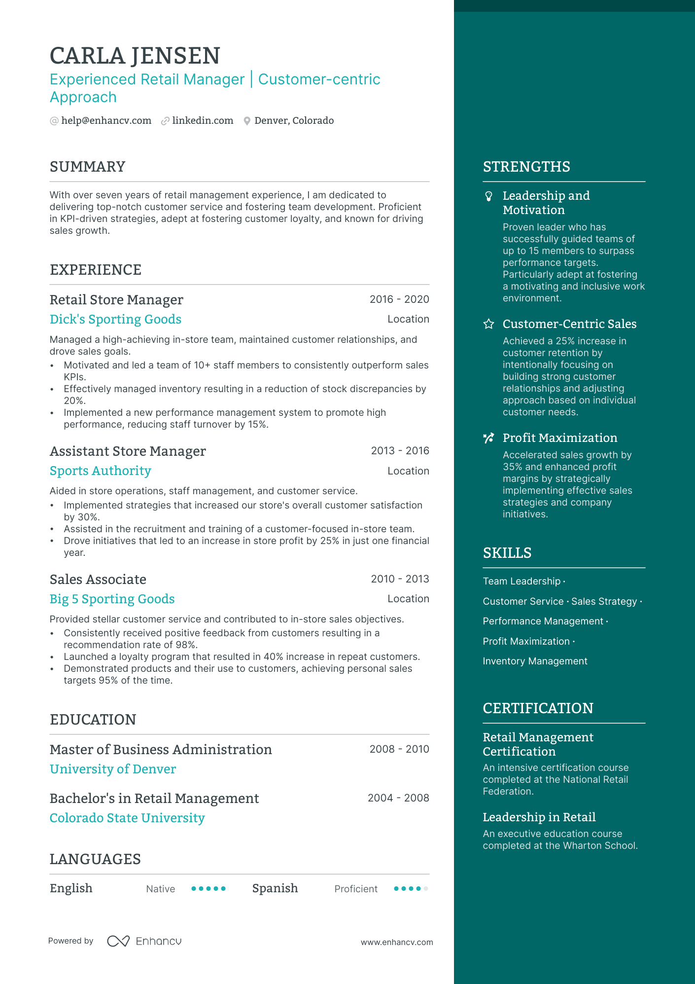 Retail Assistant Manager resume example