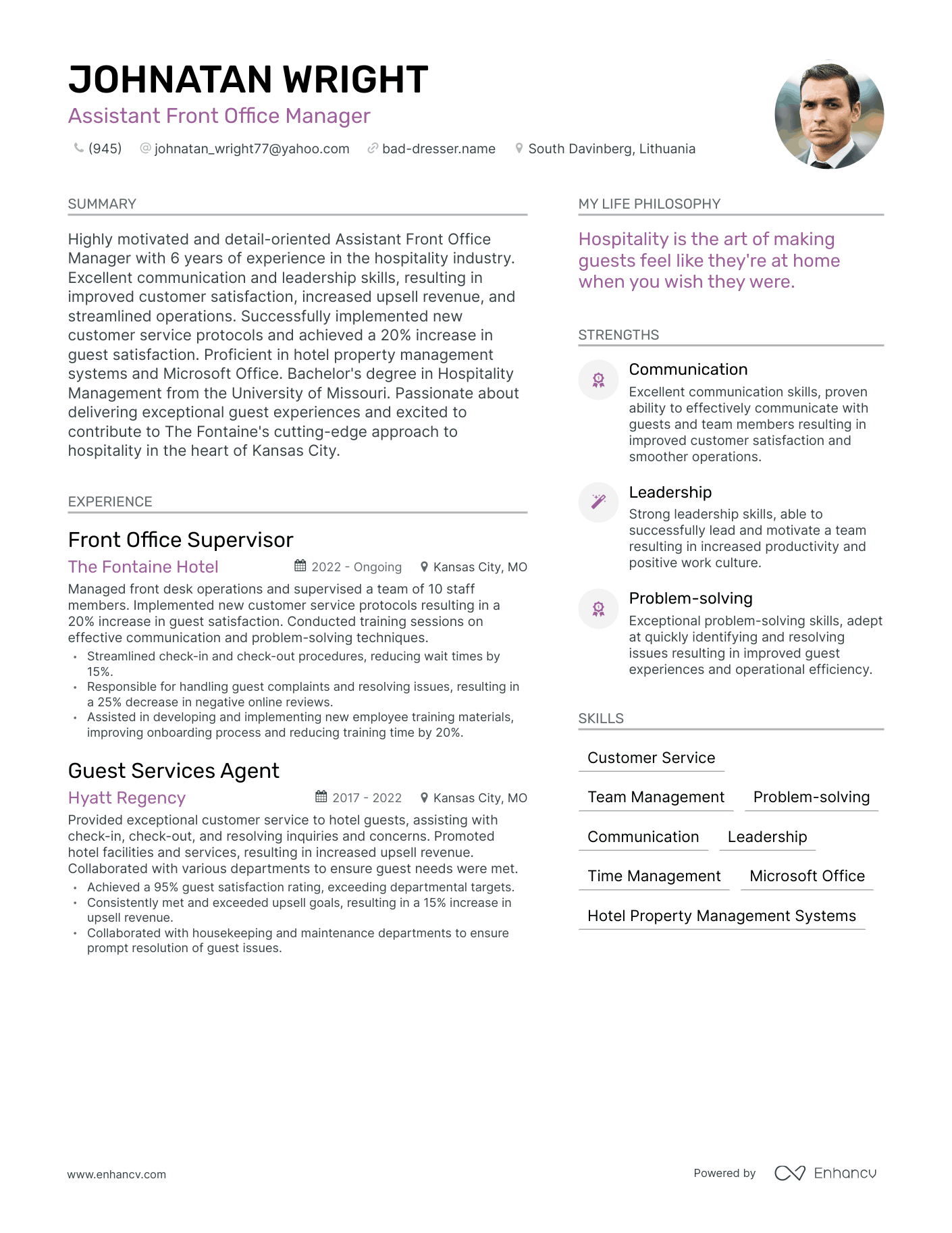 Assistant Front Office Manager resume example