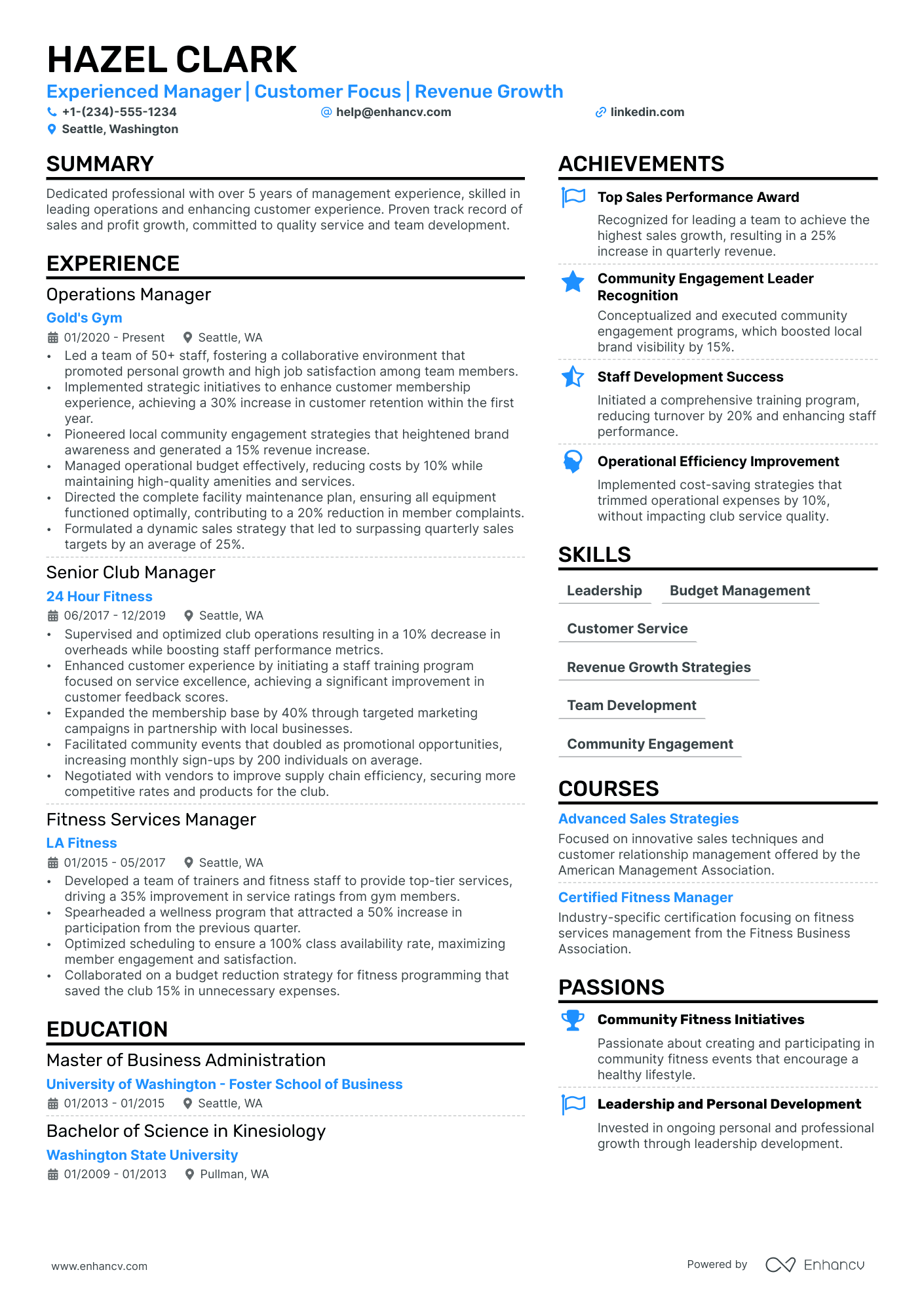 Club Manager resume example