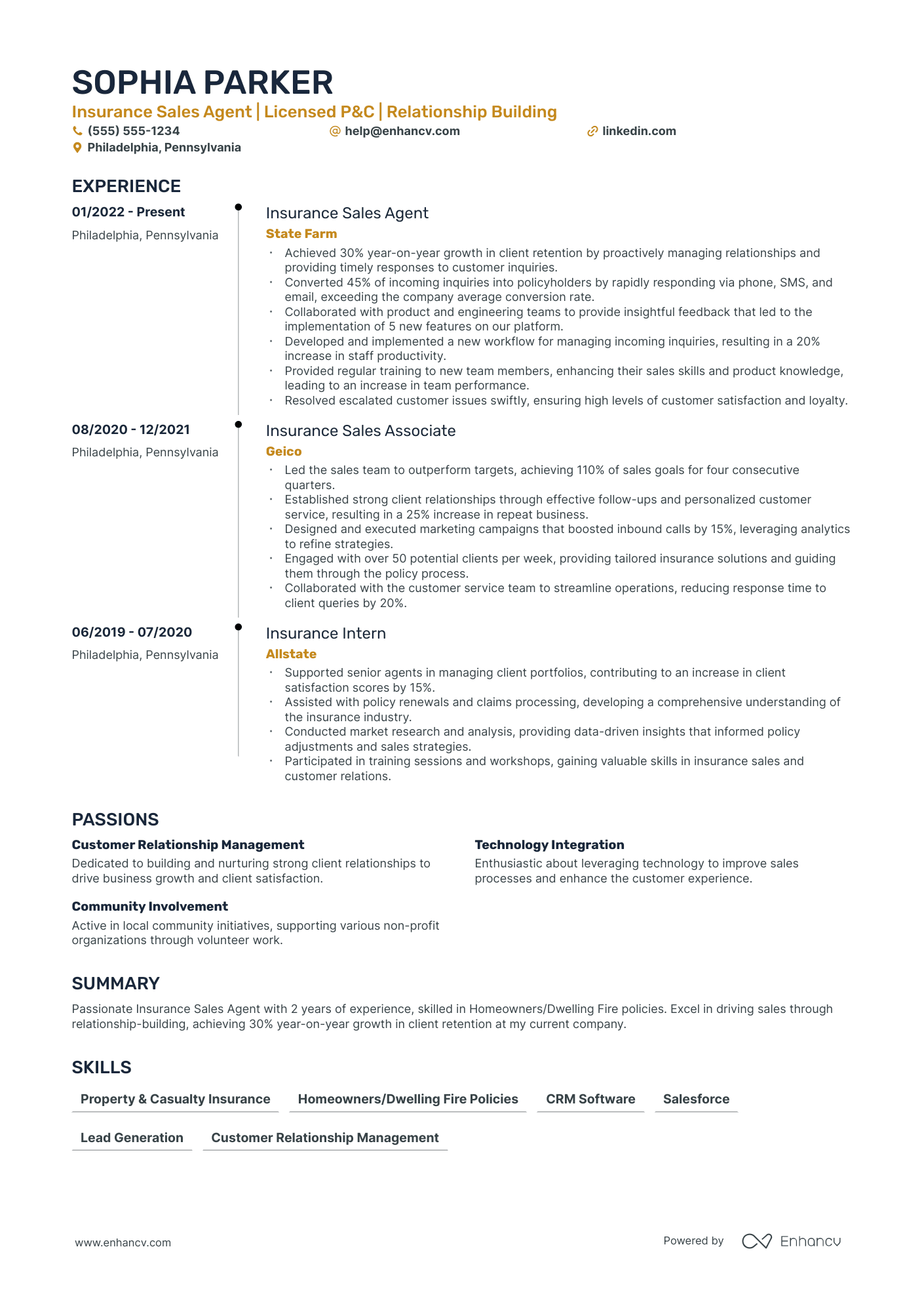 Insurance Sales Agent resume example