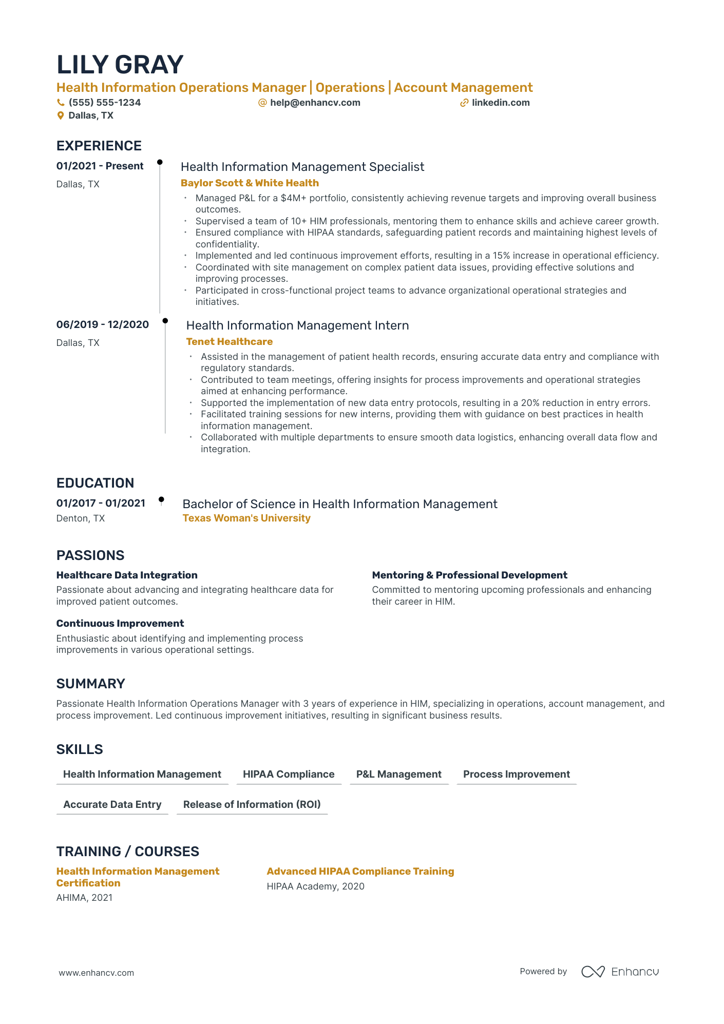 Healthcare Operations Manager resume example