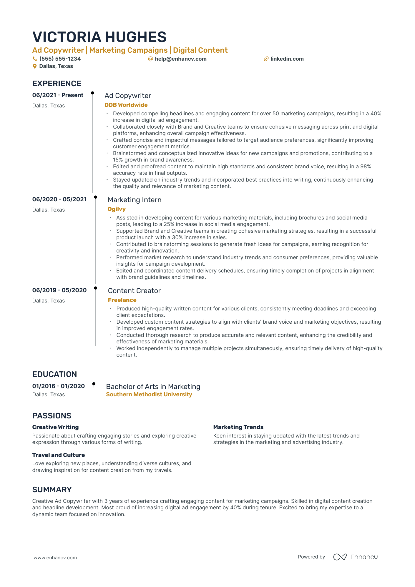 Marketing Copywriter resume example