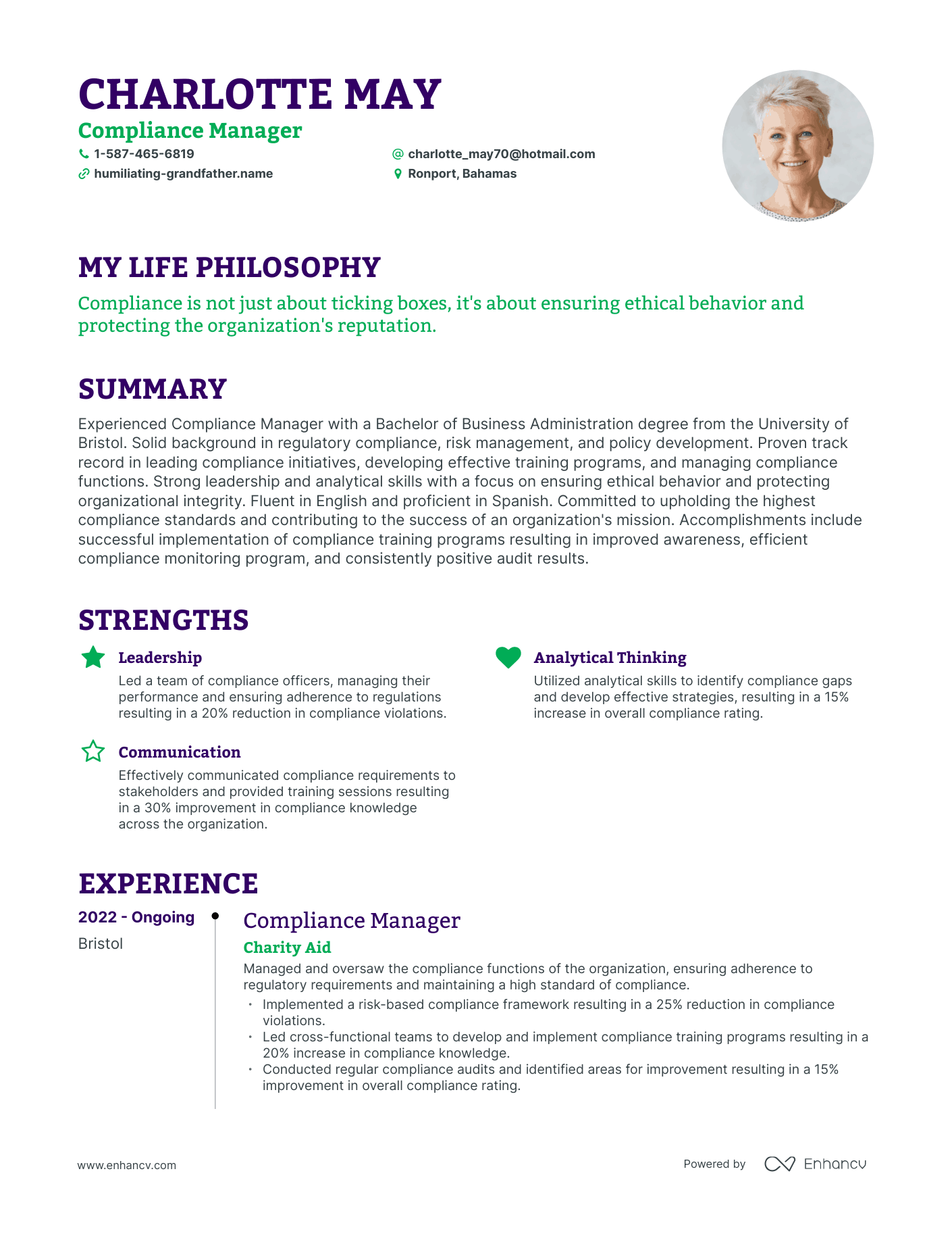 Creative Compliance Manager Resume Example