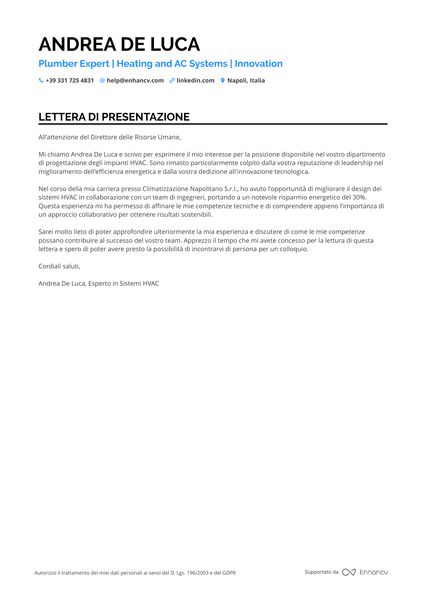 Idraulico Lettera di presentazione
