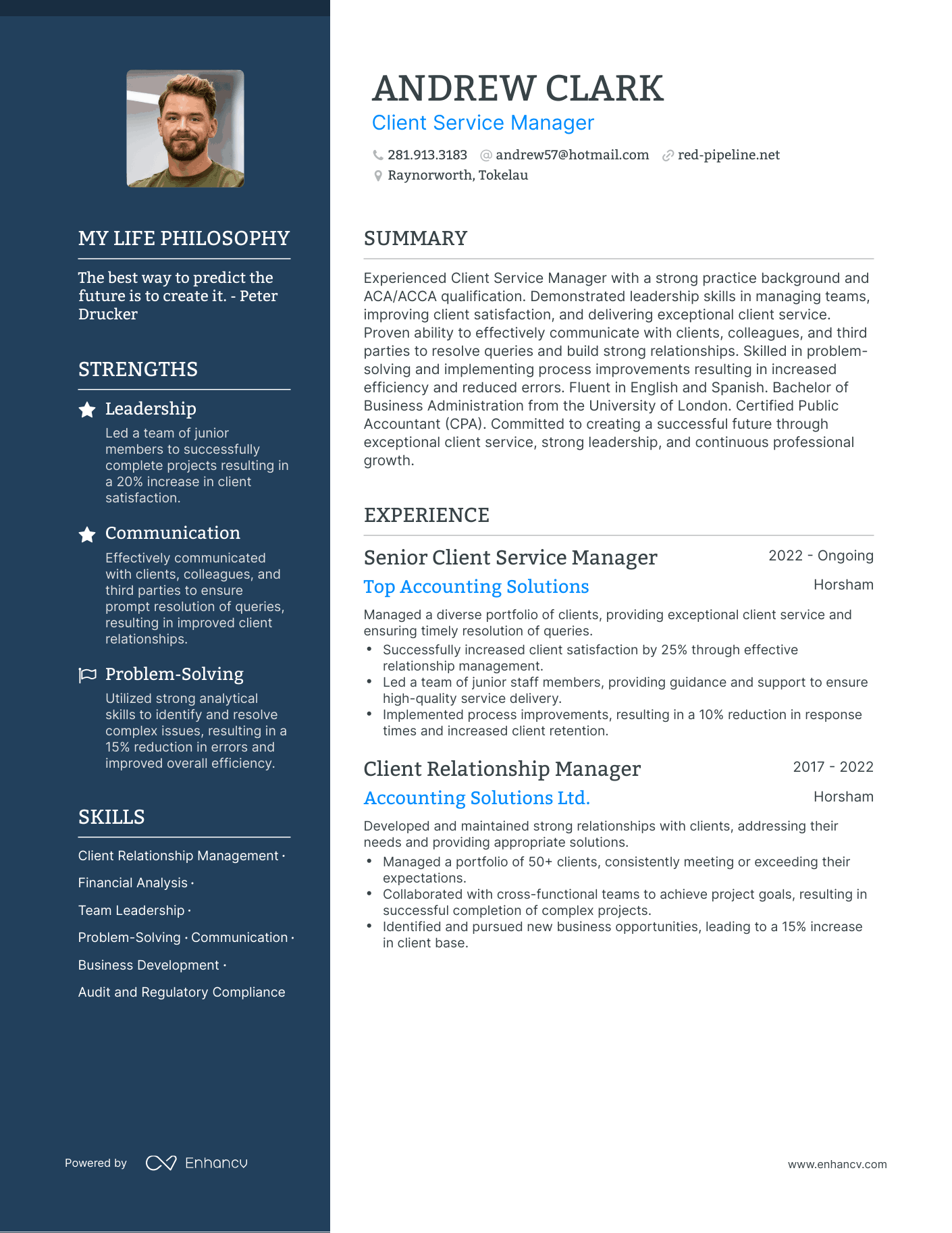 Client Service Manager resume example